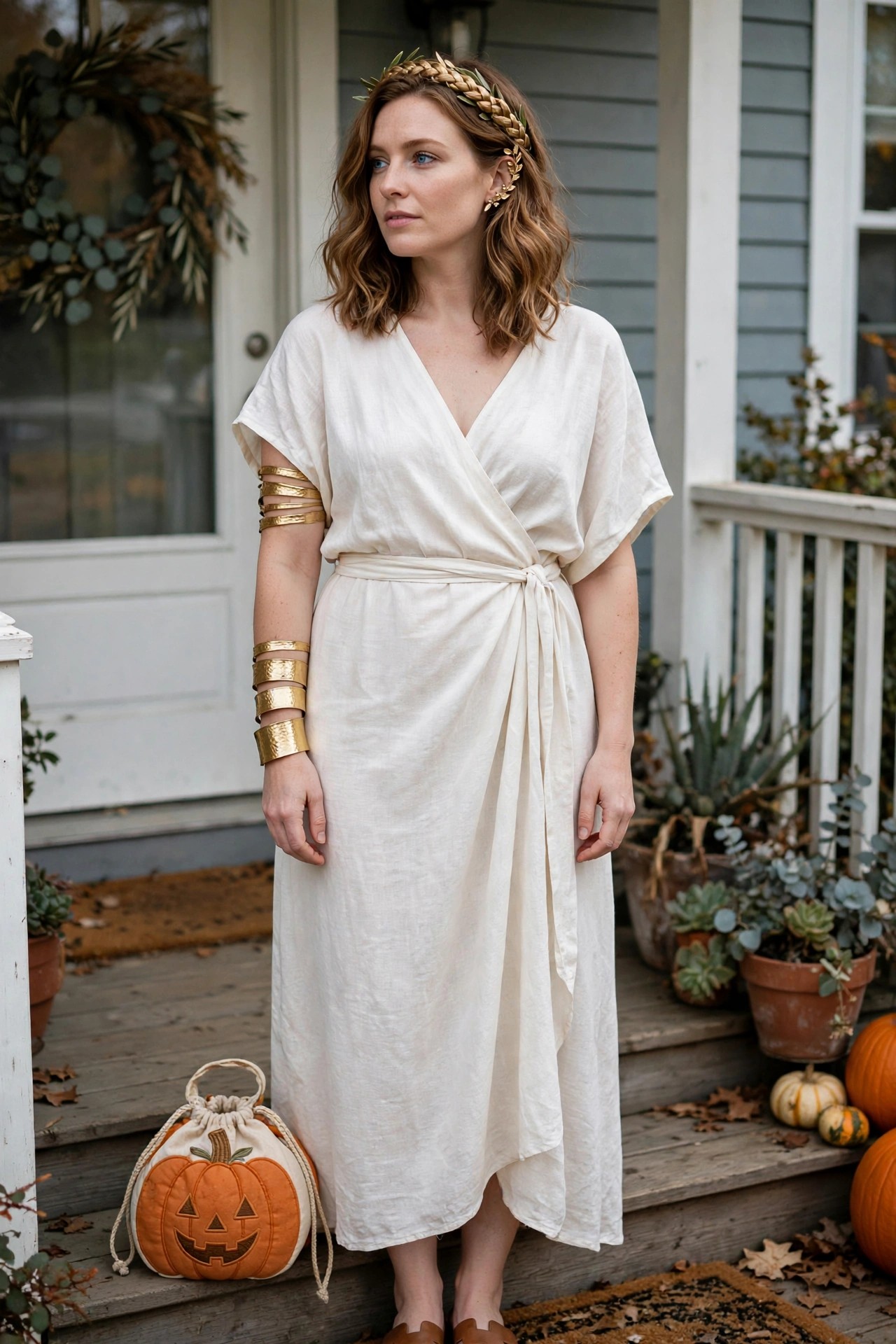Woman wearing a cream wrap dress with gold arm cuffs and a gold leaf headband as a Greek goddess costume.