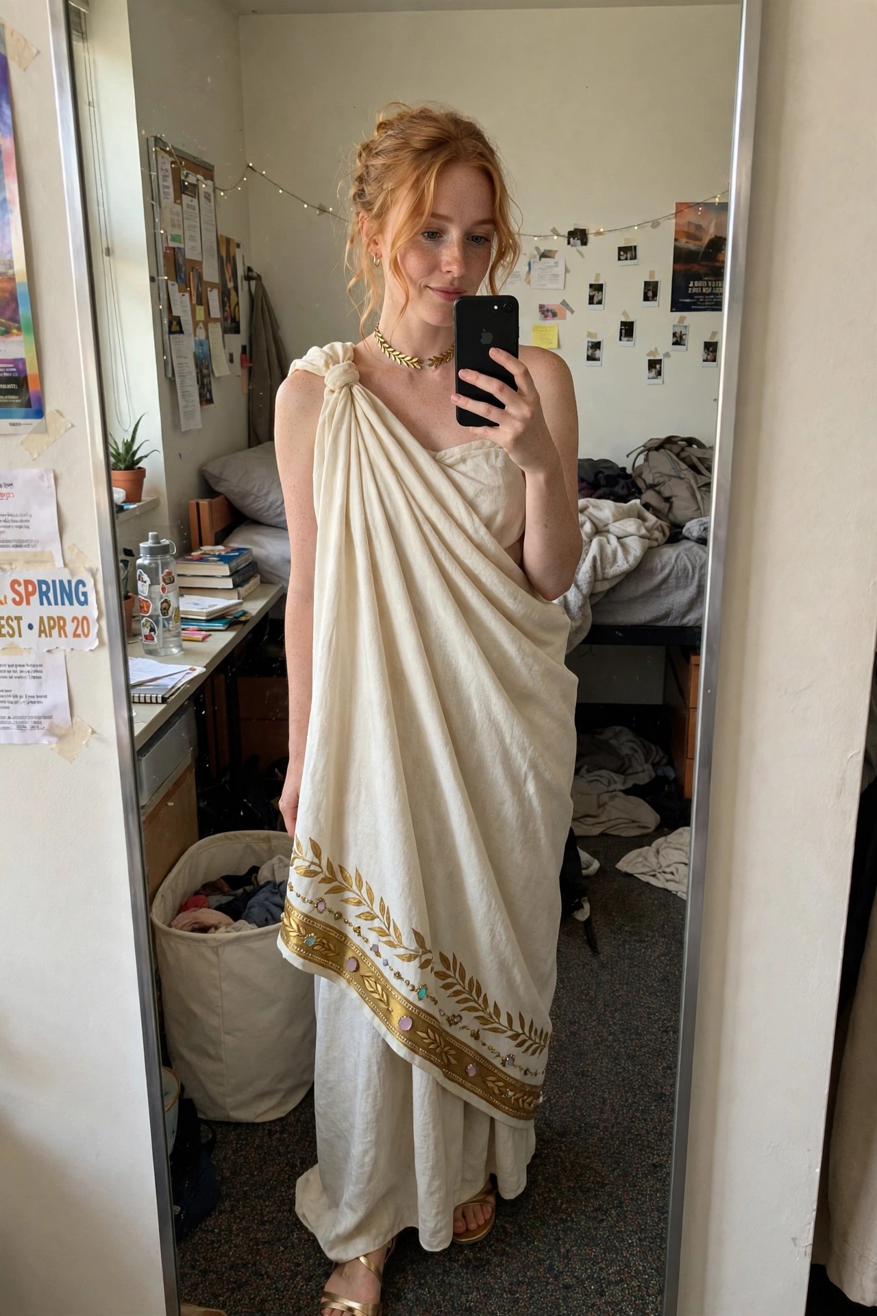 Woman wearing a white draped toga style Greek goddess costume with gold leaf embroidery along the hem, a matching gold leaf necklace, and gold sandals.
