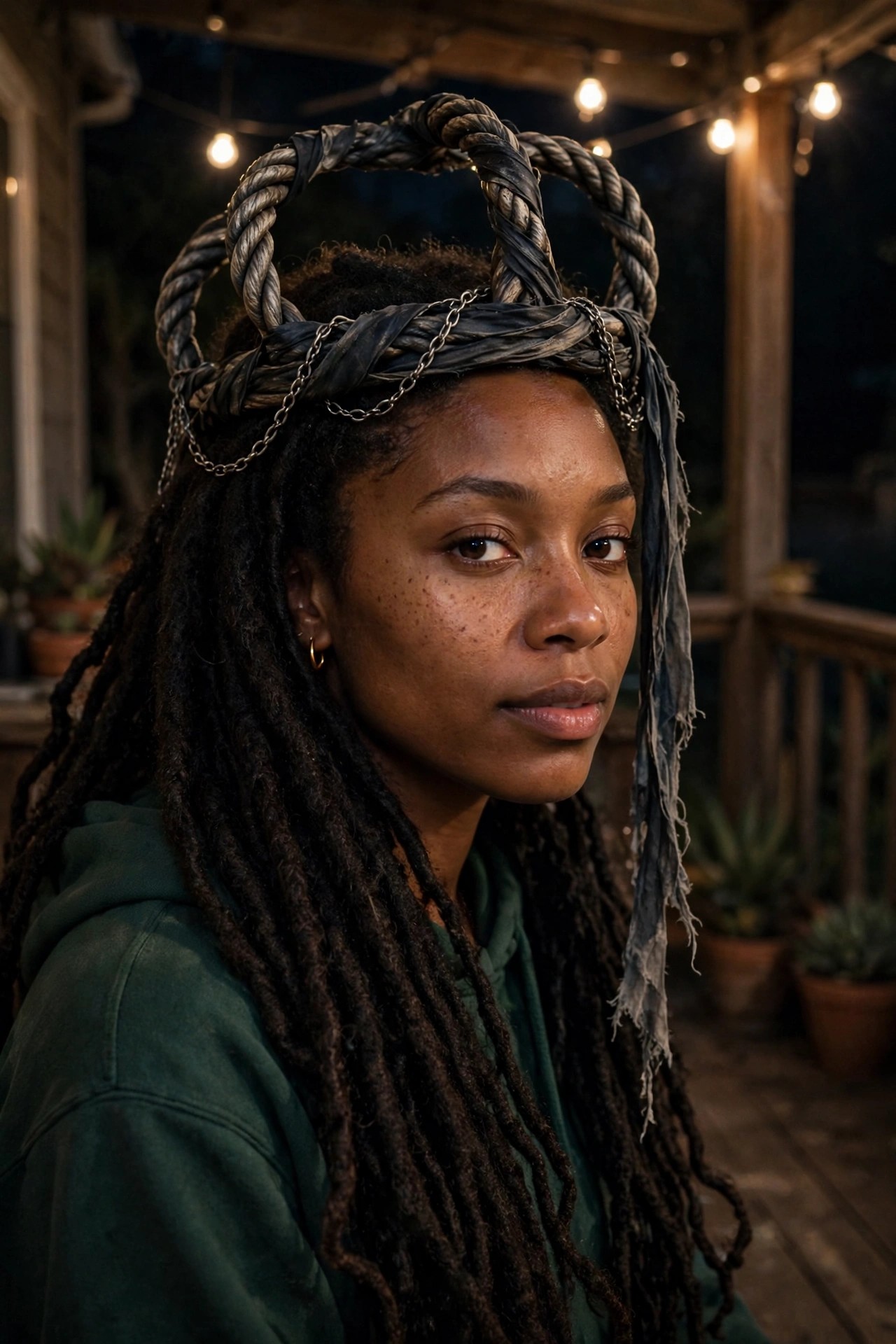 Woman wearing long dark dreadlocks with a large circular braided rope halo structure on top of the head and silver chains draped across the front.