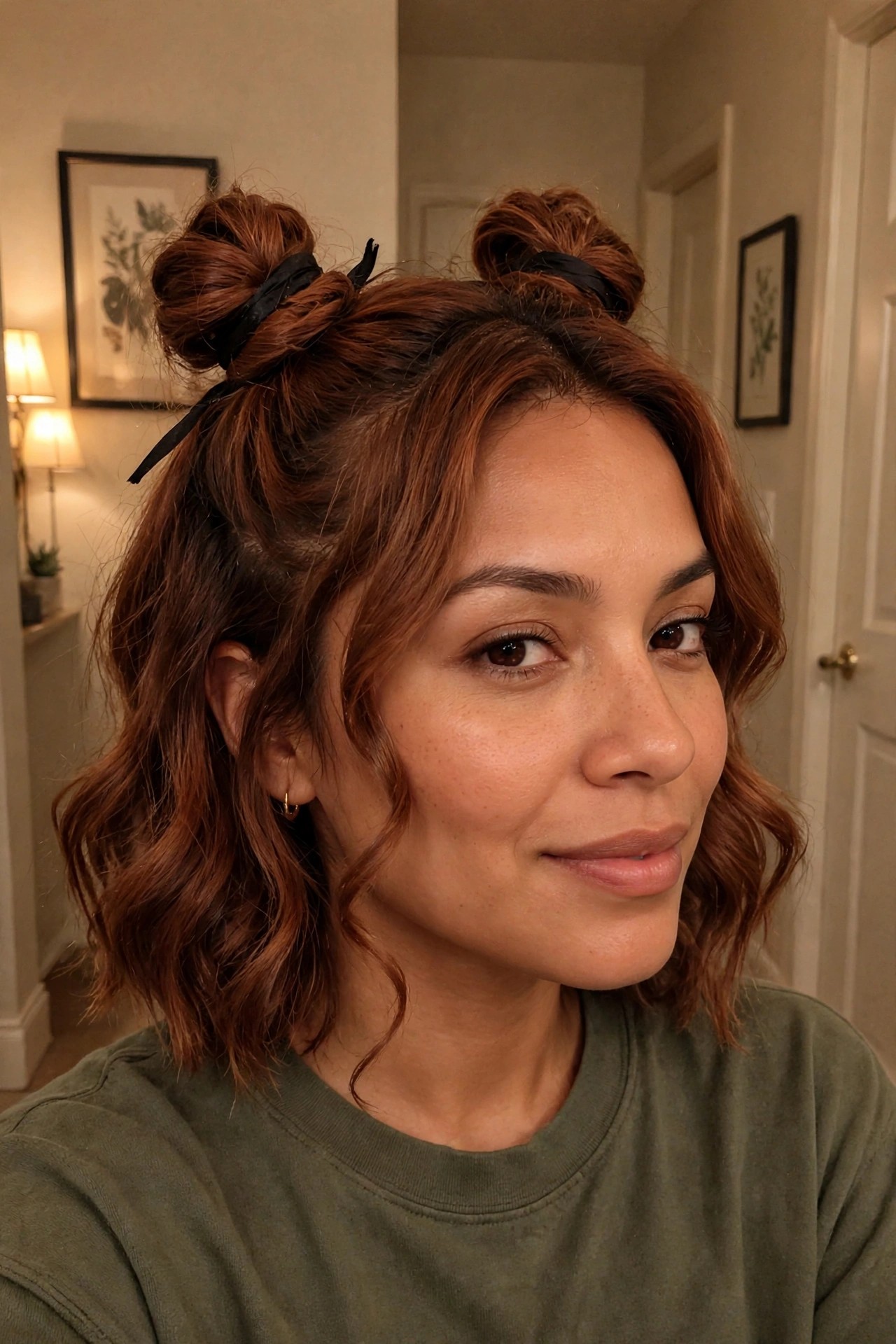 Woman with reddish brown hair styled in two small top buns tied with black ribbons, loose wavy hair below, viewed from the side.