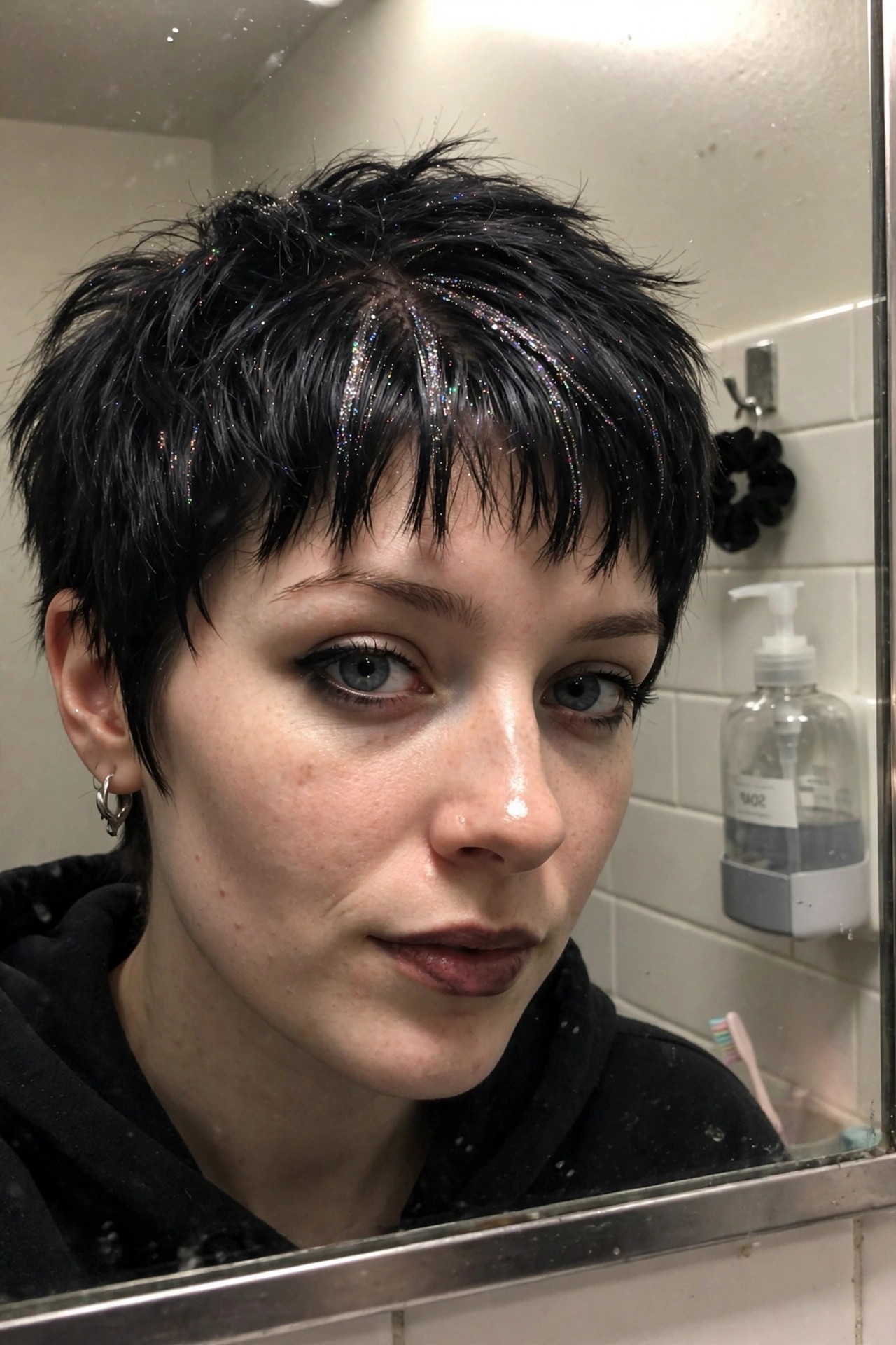 Short black pixie cut covered in multicolored glitter with a prominent glitter line along the center part and messy spiked texture.