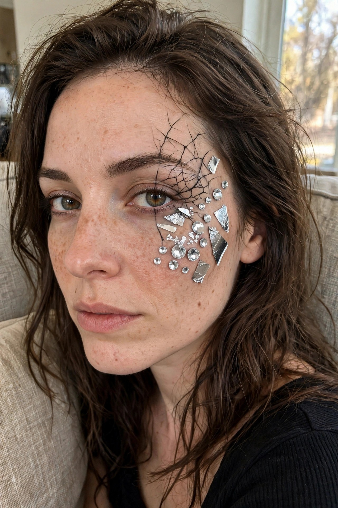 Close up of a woman with cracked black lines across her right temple and cheek, silver foil pieces, and clear rhinestones arranged in a shattered glass pattern around the eye.