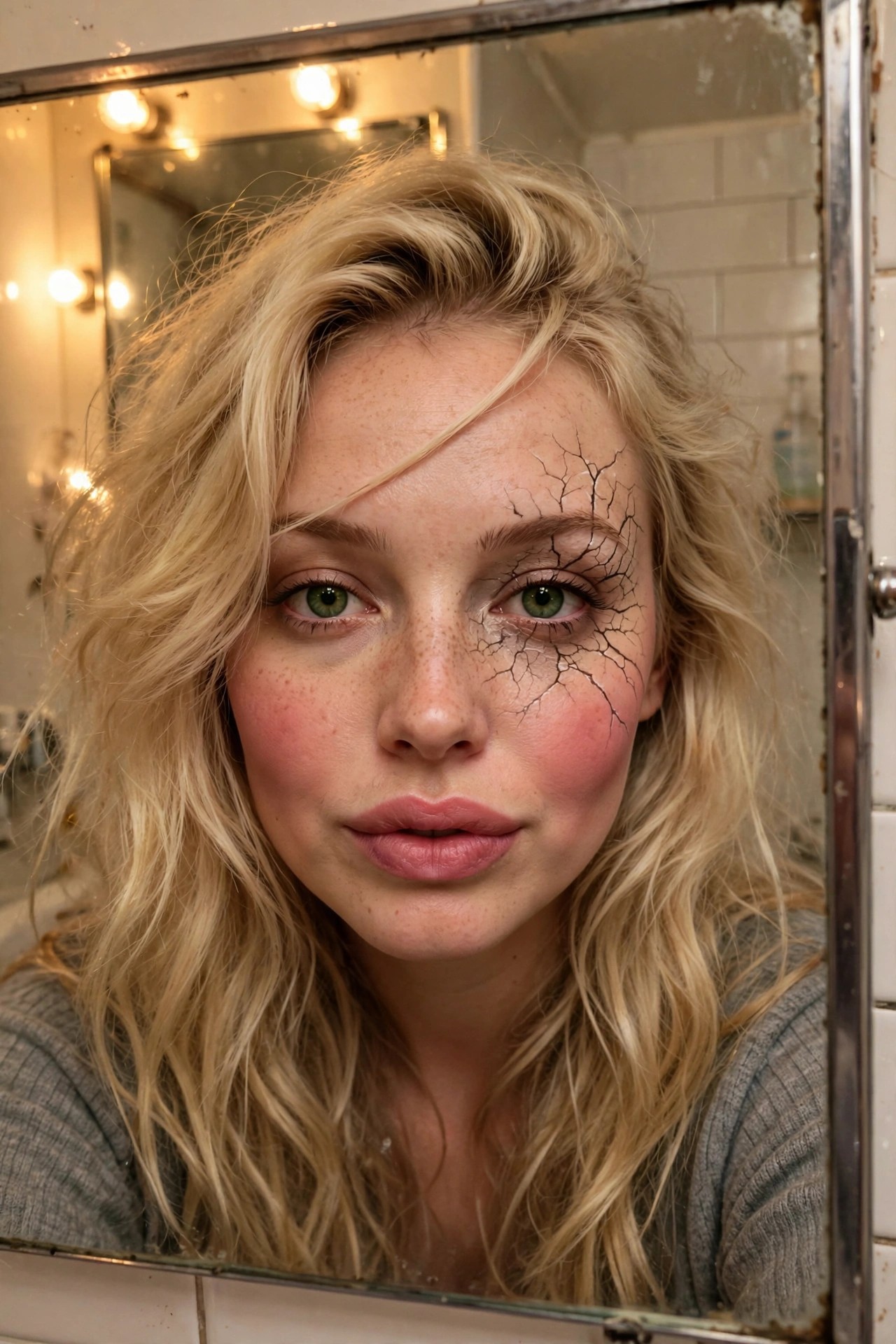 Close-up of cracked black lines painted around one eye and spreading across the cheek in a shattered porcelain pattern.