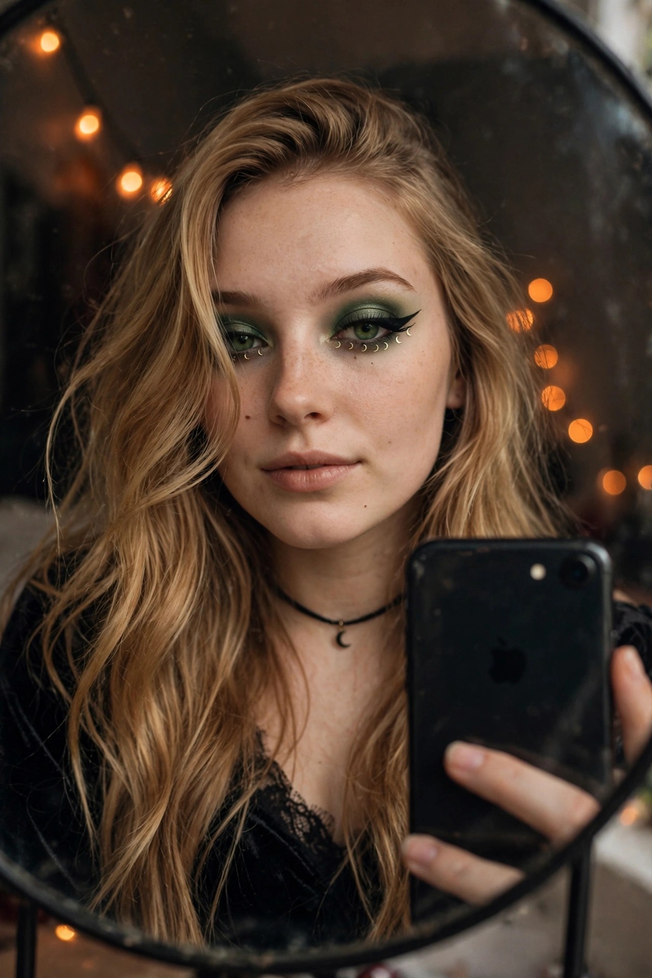 Close up of green eyeshadow with black winged eyeliner and small gold crescent moon accents under the eye.