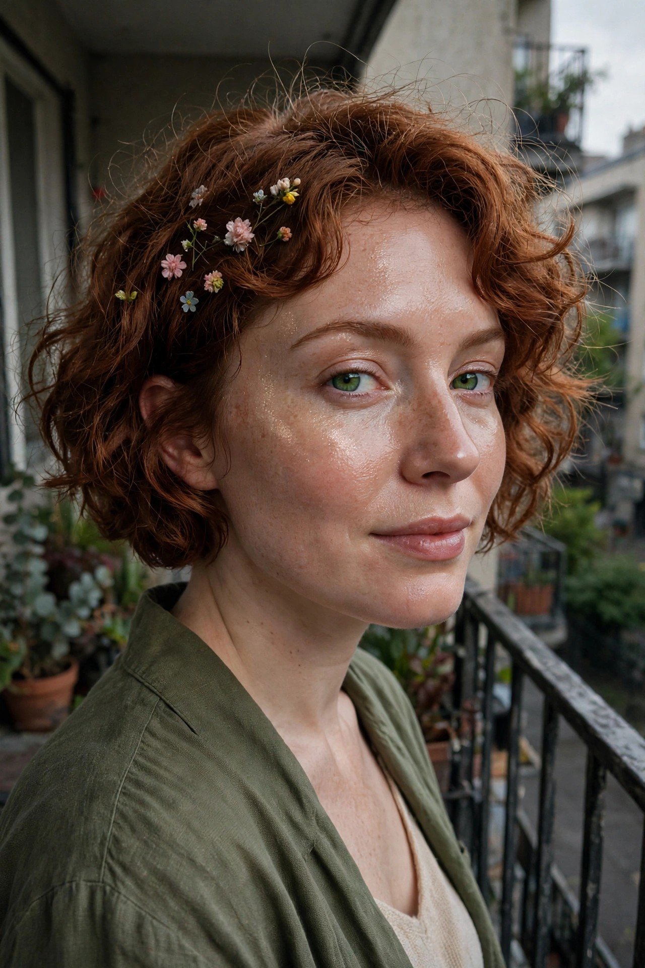 close up of a woman with very glossy dewy skin, visible freckles, green eyes, and small flowers in short red curly hair