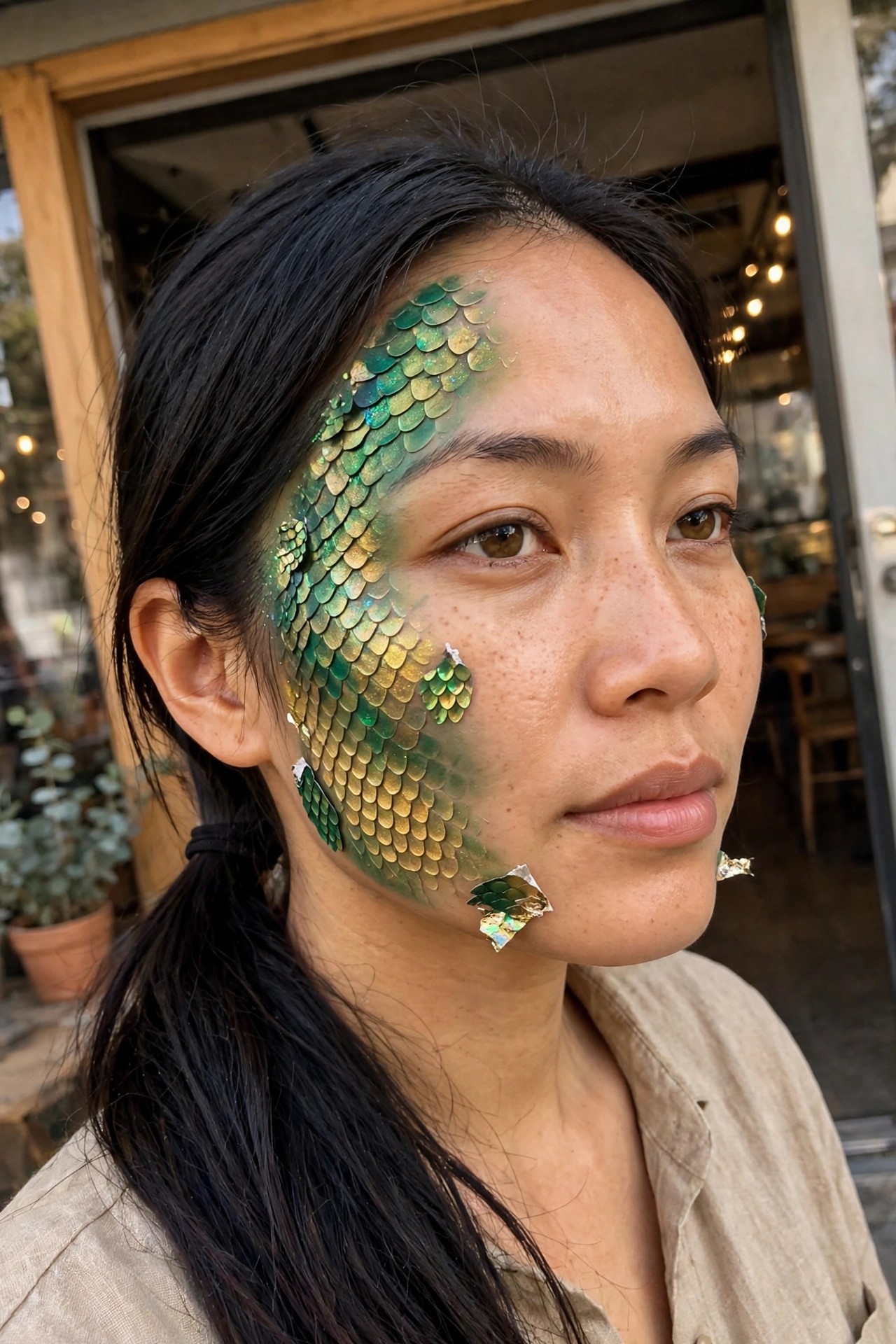 Close-up of a woman wearing green and gold iridescent scale face paint across the left cheek, temple, and jaw with scattered loose scales on the neck.