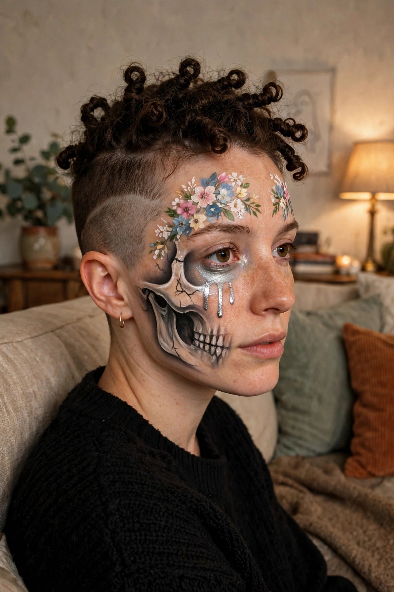 Close-up of a woman wearing detailed skull face paint with silver drips and colorful flowers painted across the forehead and temple.