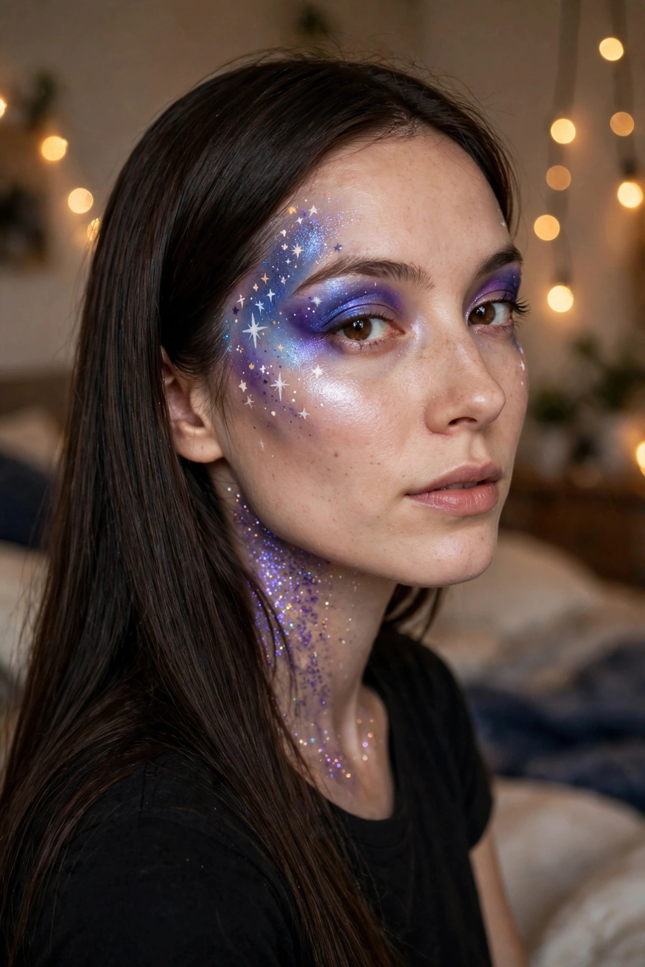 Close-up of a woman wearing purple and blue gradient eyeshadow with white star shapes and glitter extending across the cheek and down the neck.