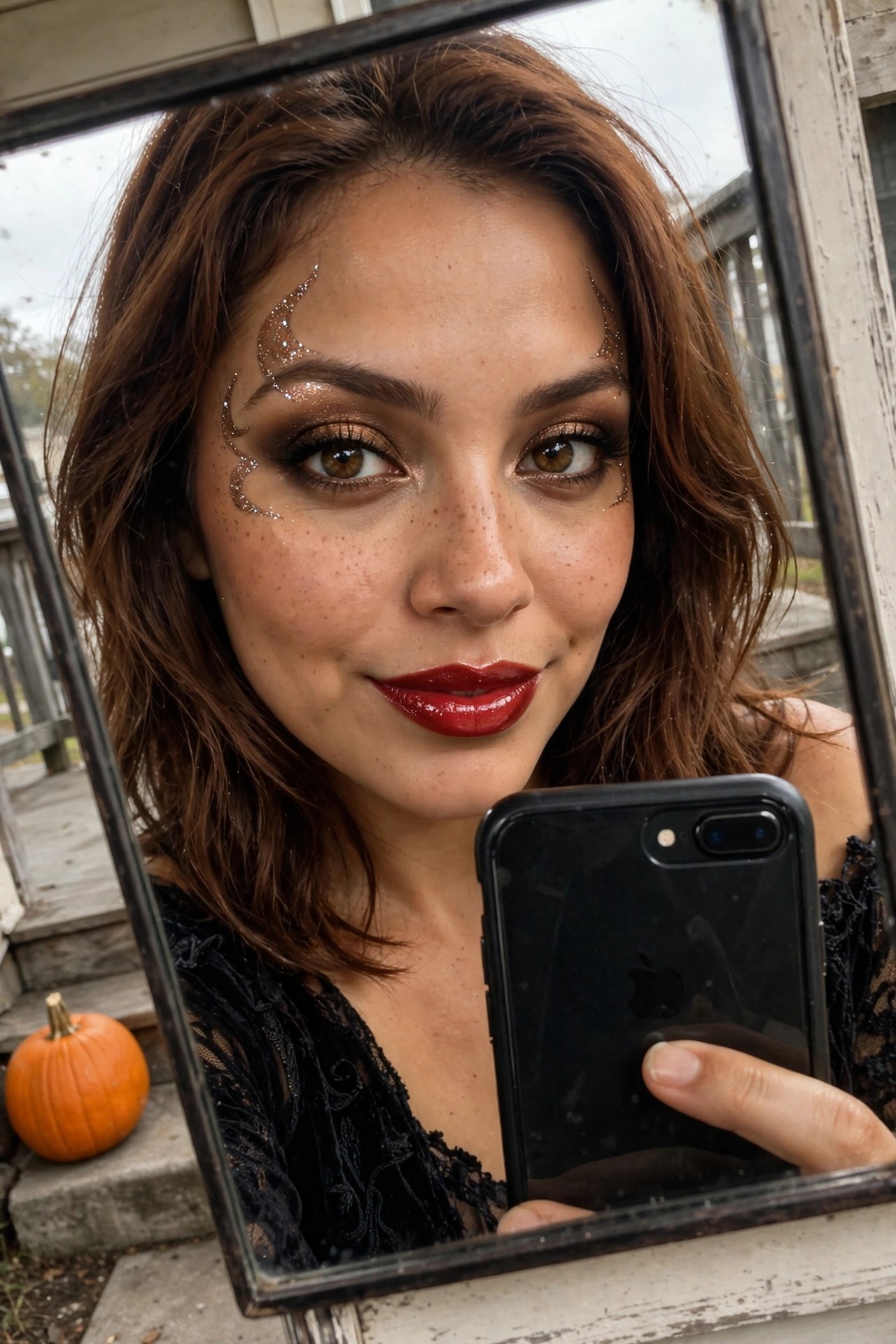 Close-up mirror selfie of a woman with brown hair wearing gold glitter crescent and horn shapes around her eyes and forehead, smoky brown eye makeup, and glossy red lips.