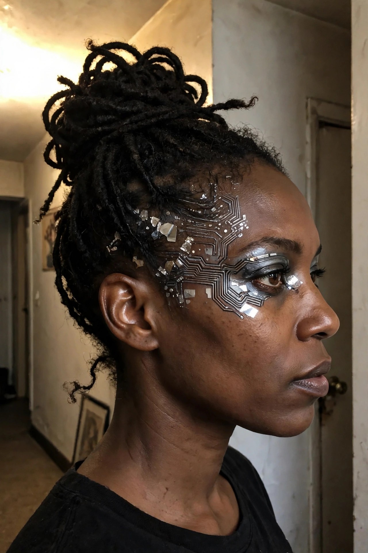 Side profile of a woman wearing silver metallic circuit board makeup extending from temple across the eye area with reflective fragments and line patterns.