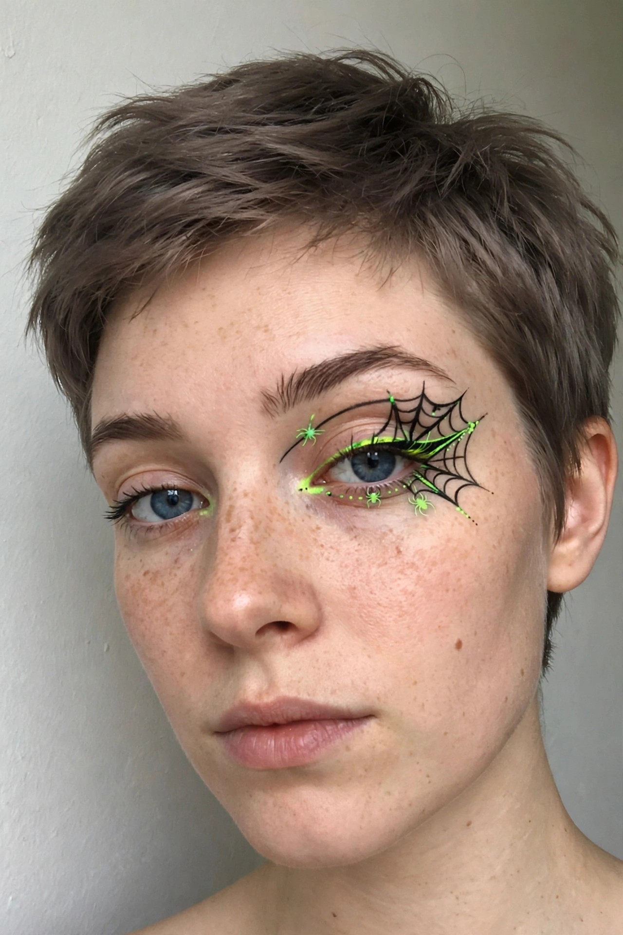 Close-up of neon green and black spiderweb eye makeup with small spider accents on a short-haired woman.