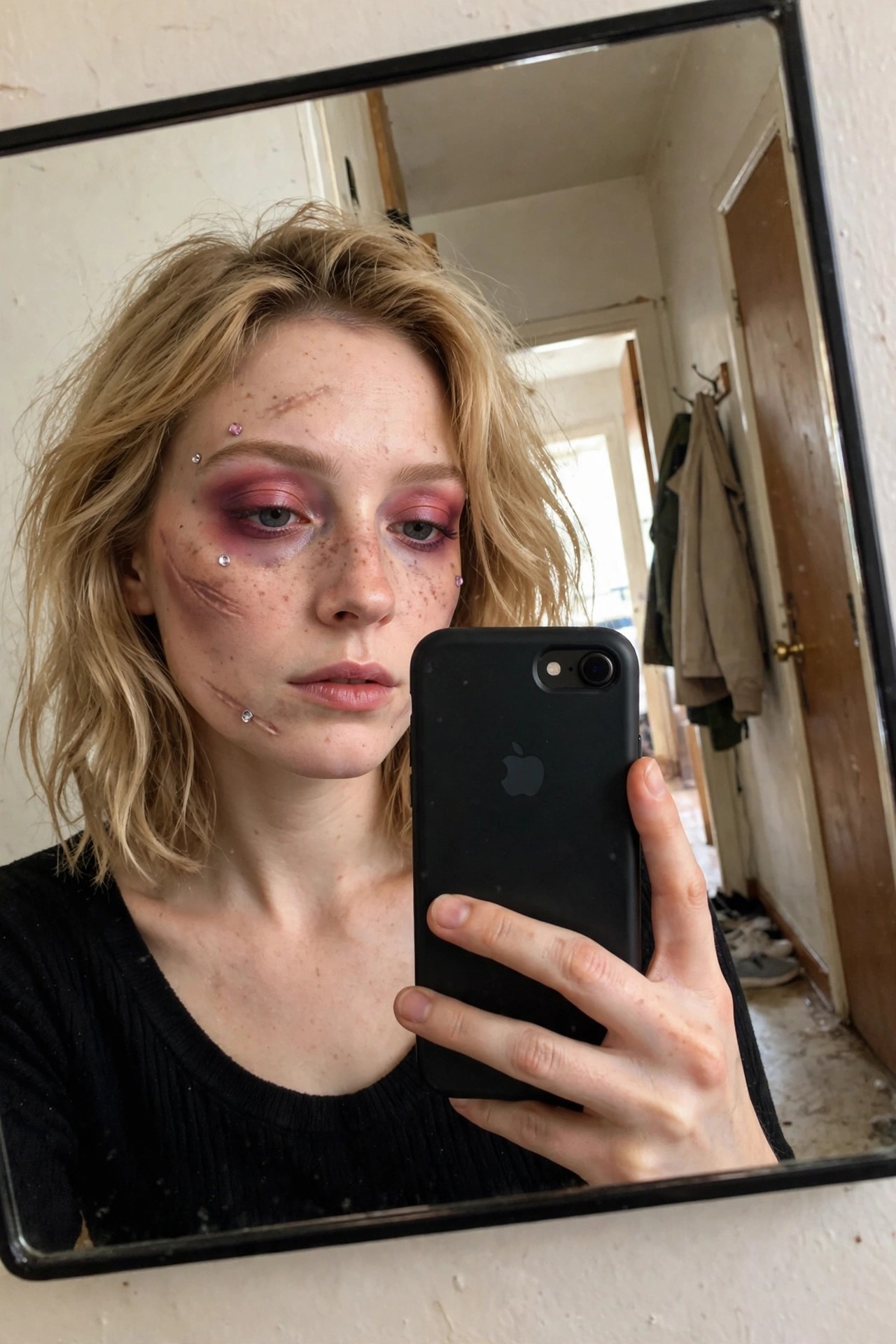 close up mirror selfie showing pink red eyeshadow, multiple small rhinestones placed beside thin simulated cuts, and purple bruise shading across the cheeks and brow.