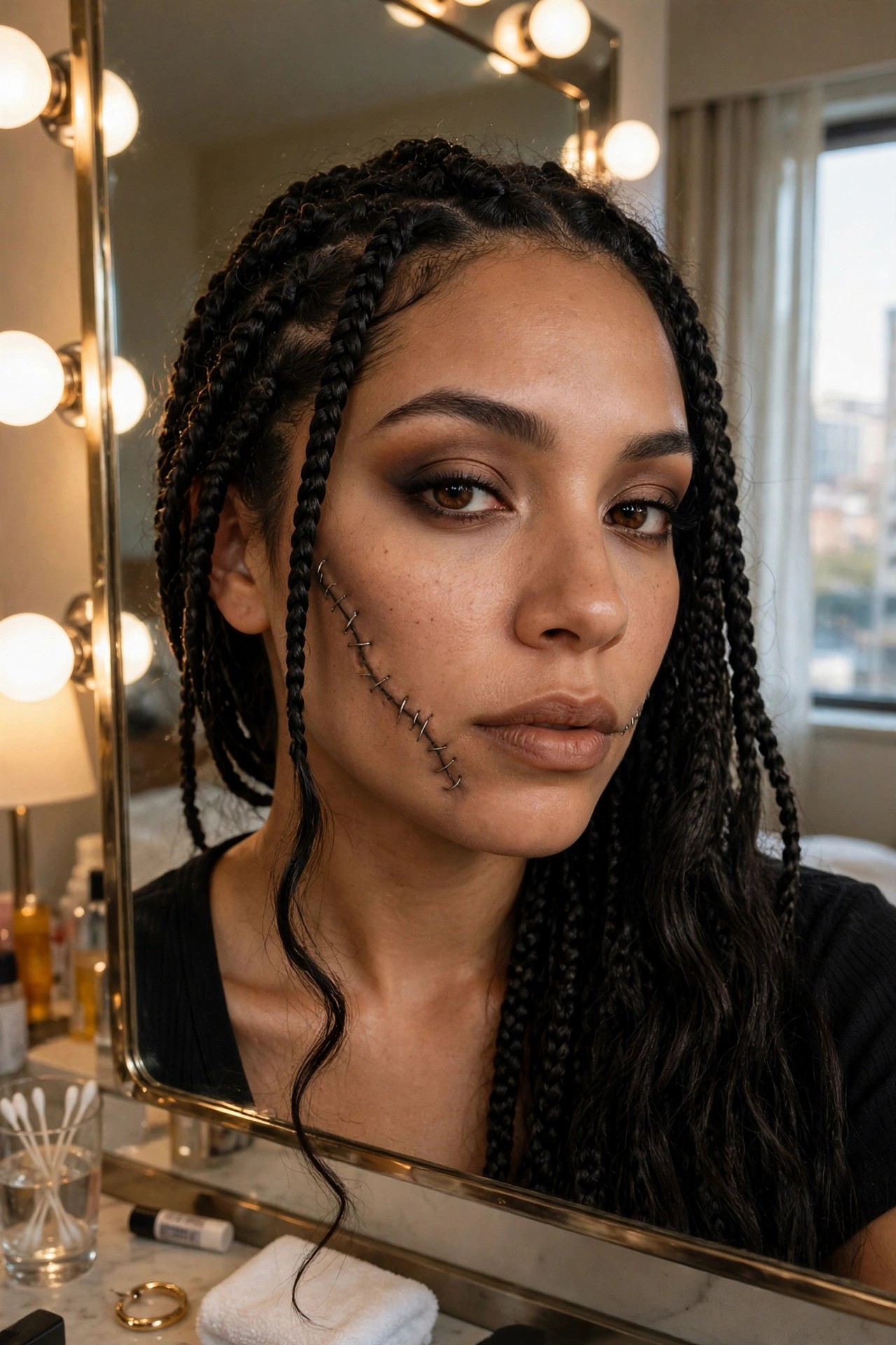Close up of a woman with black stitched makeup running along her left cheek and jawline, smoky eye makeup, and braided hair.