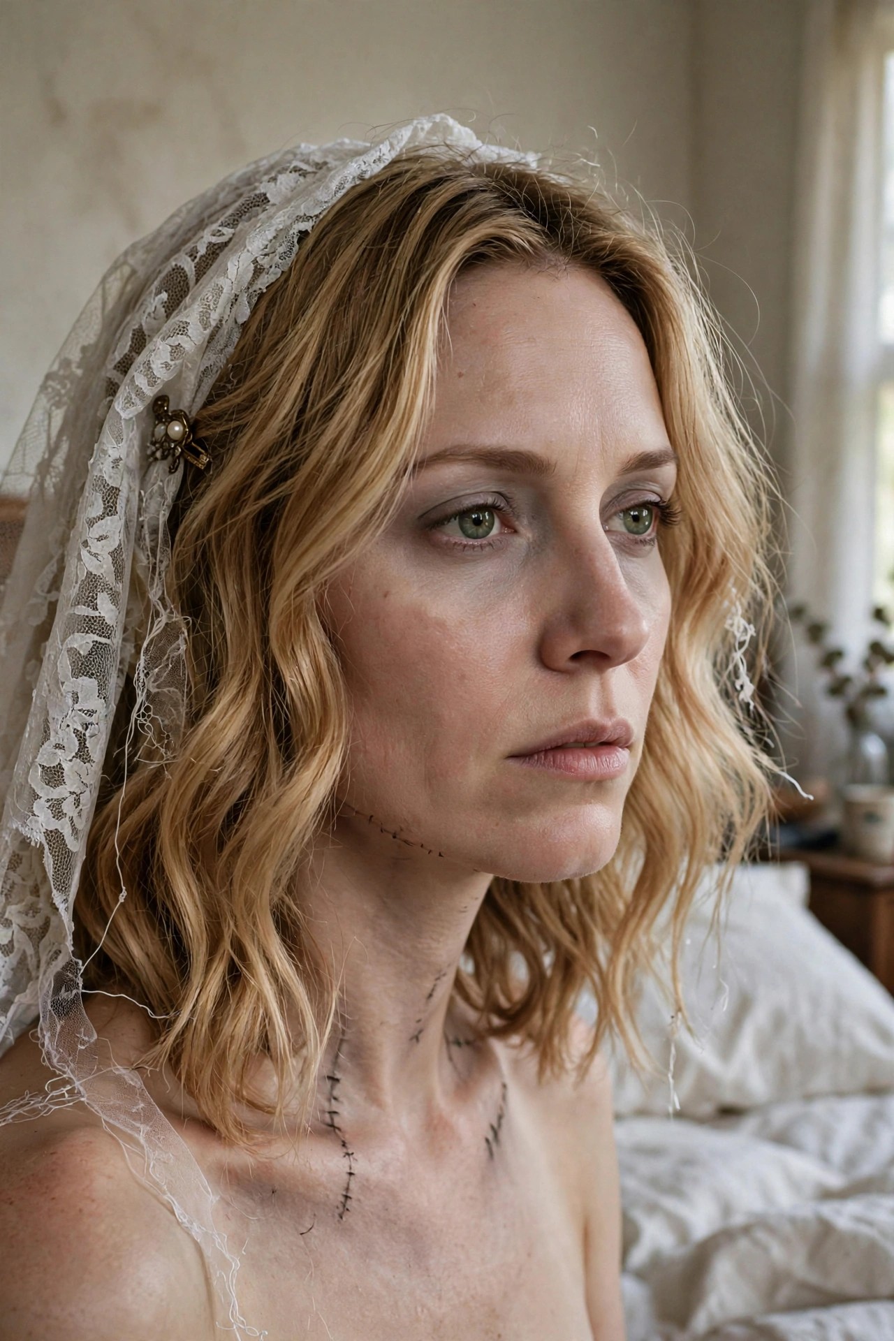 Close up of a woman with blonde hair wearing a white lace veil, showing black stitched lines painted across her neck and upper chest with pale foundation and dark under eye makeup.