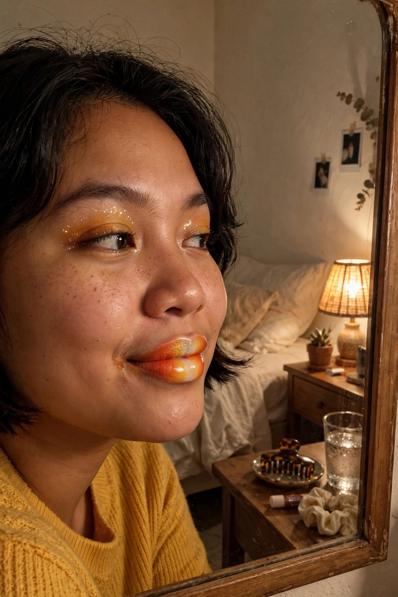 Close up of a woman wearing yellow to orange glitter eyeshadow with matching glossy orange gradient lips in a mirror selfie.