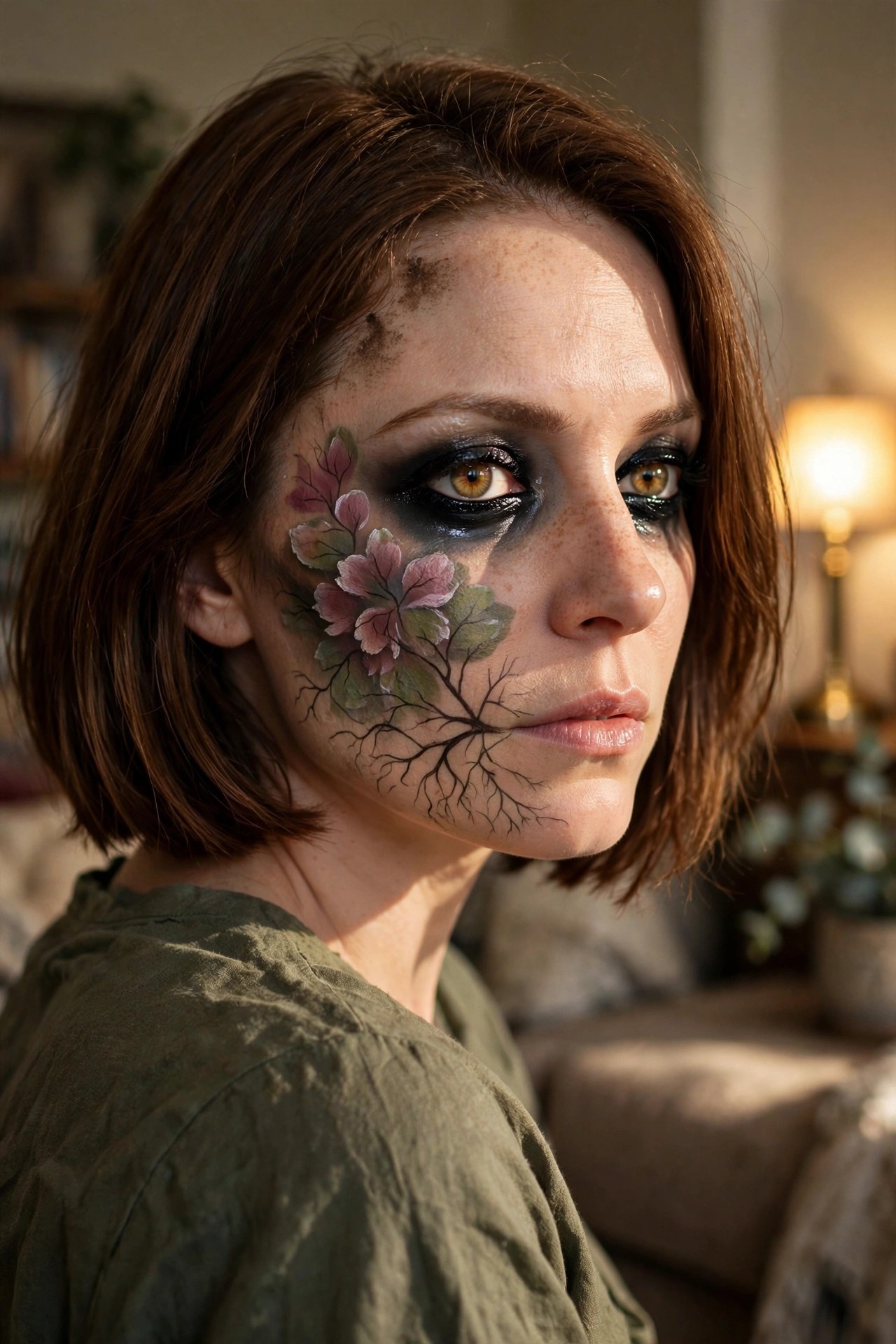 Close up of a woman with short brown hair wearing heavy black smoky eye makeup and a painted floral design on her left cheek featuring pink flowers green leaves and black root lines extending down the jaw.