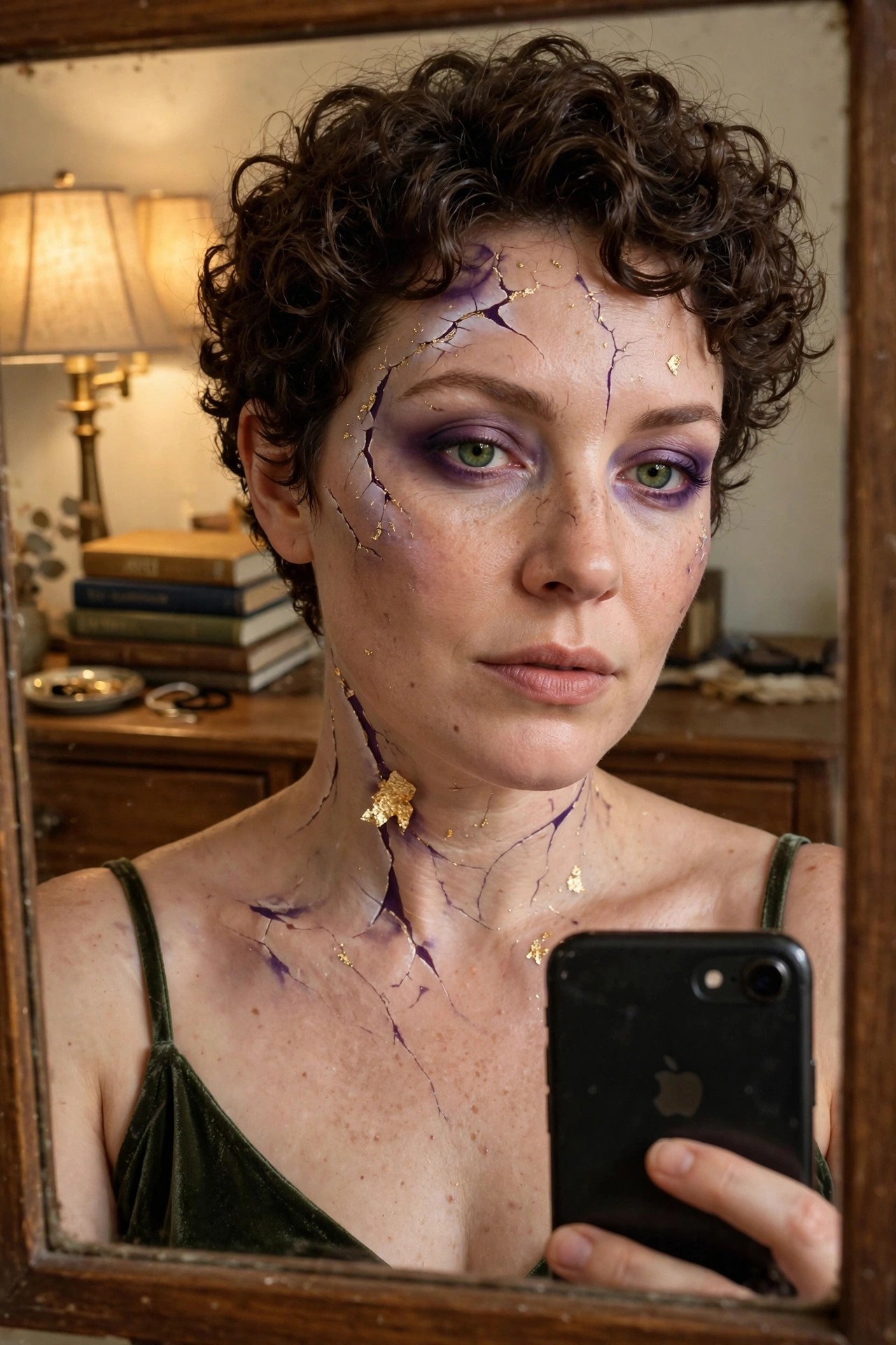 Close-up mirror selfie showing cracked porcelain Halloween makeup with purple fissures filled by gold leaf across the forehead, cheeks, and neck.