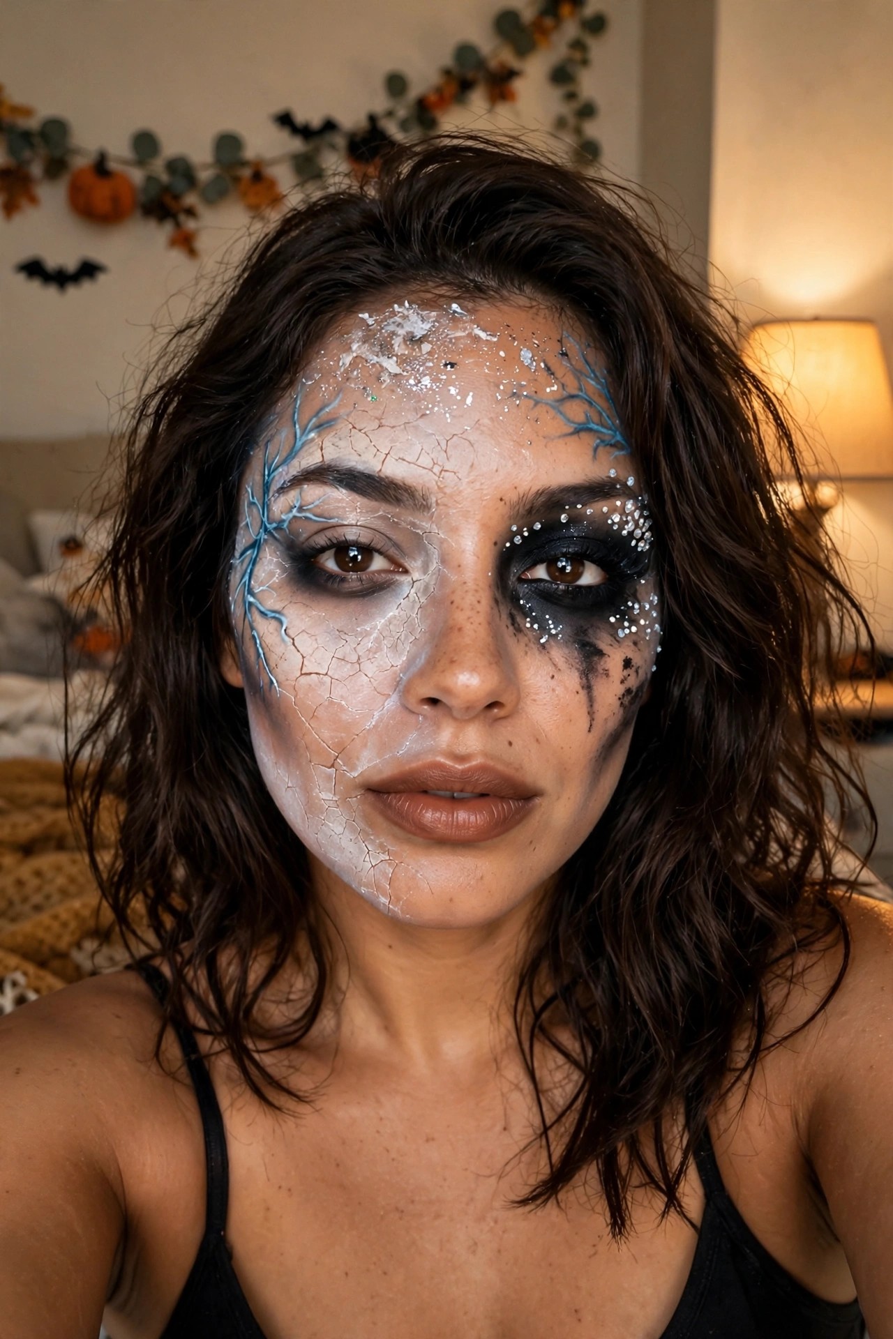 Close up of cracked porcelain face paint with blue vein lines on one side and heavy black smoky eye with glitter on the other.