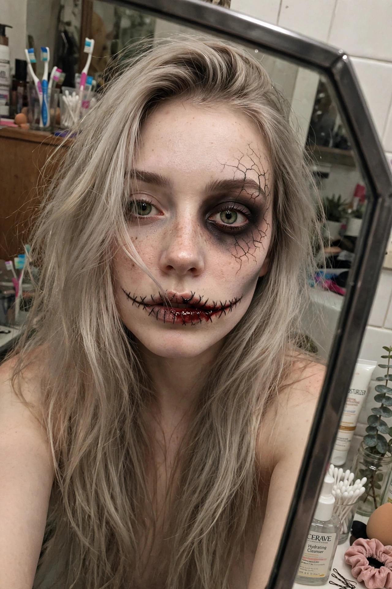 Close up of cracked porcelain style makeup with black fracture lines across the forehead and around one eye, plus stitched lips with red detail at the mouth.