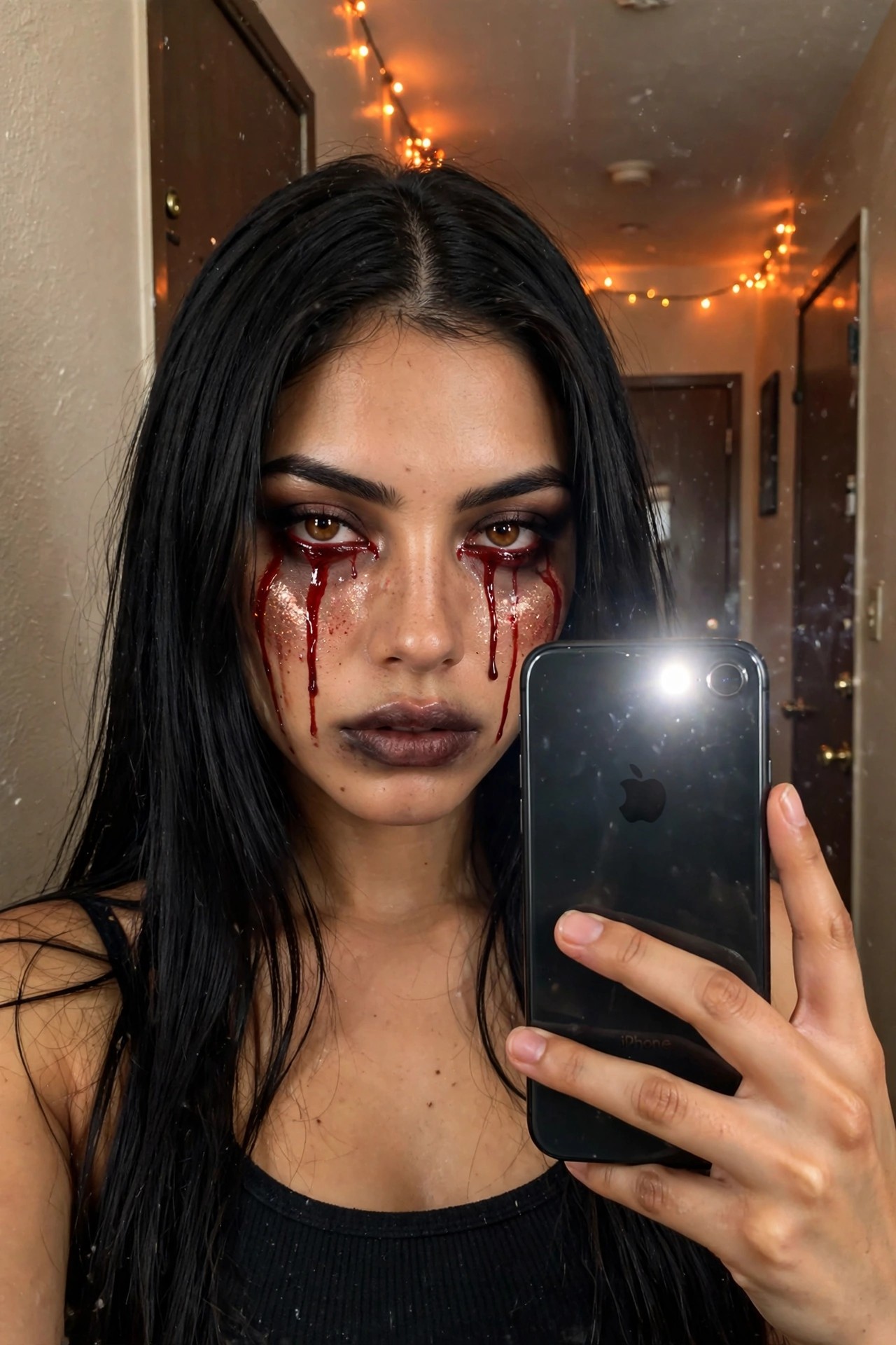 Close-up of a woman wearing dripping red blood-style makeup from the eyes with glitter accents on the cheeks and dark lipstick.