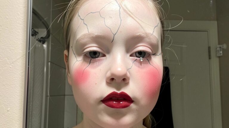 21+ Terrifying Halloween Makeup Ideas That Will Give You Chills Woman's face with white cracked makeup, black lines, pink cheeks, glossy lips