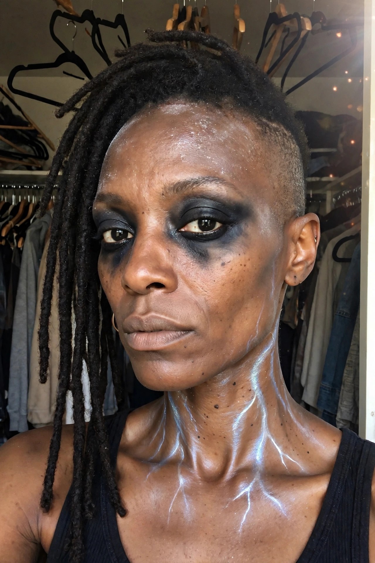 Close up of dramatic black smoky eye makeup with glossy dripping texture running down the face and neck on a person with dark dreadlocks and a shaved side.