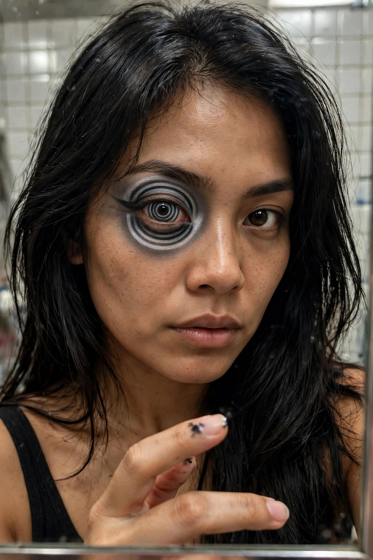 Close up of a woman with long dark hair showing dramatic black grey and white concentric spiral makeup around her left eye while the right eye remains natural.