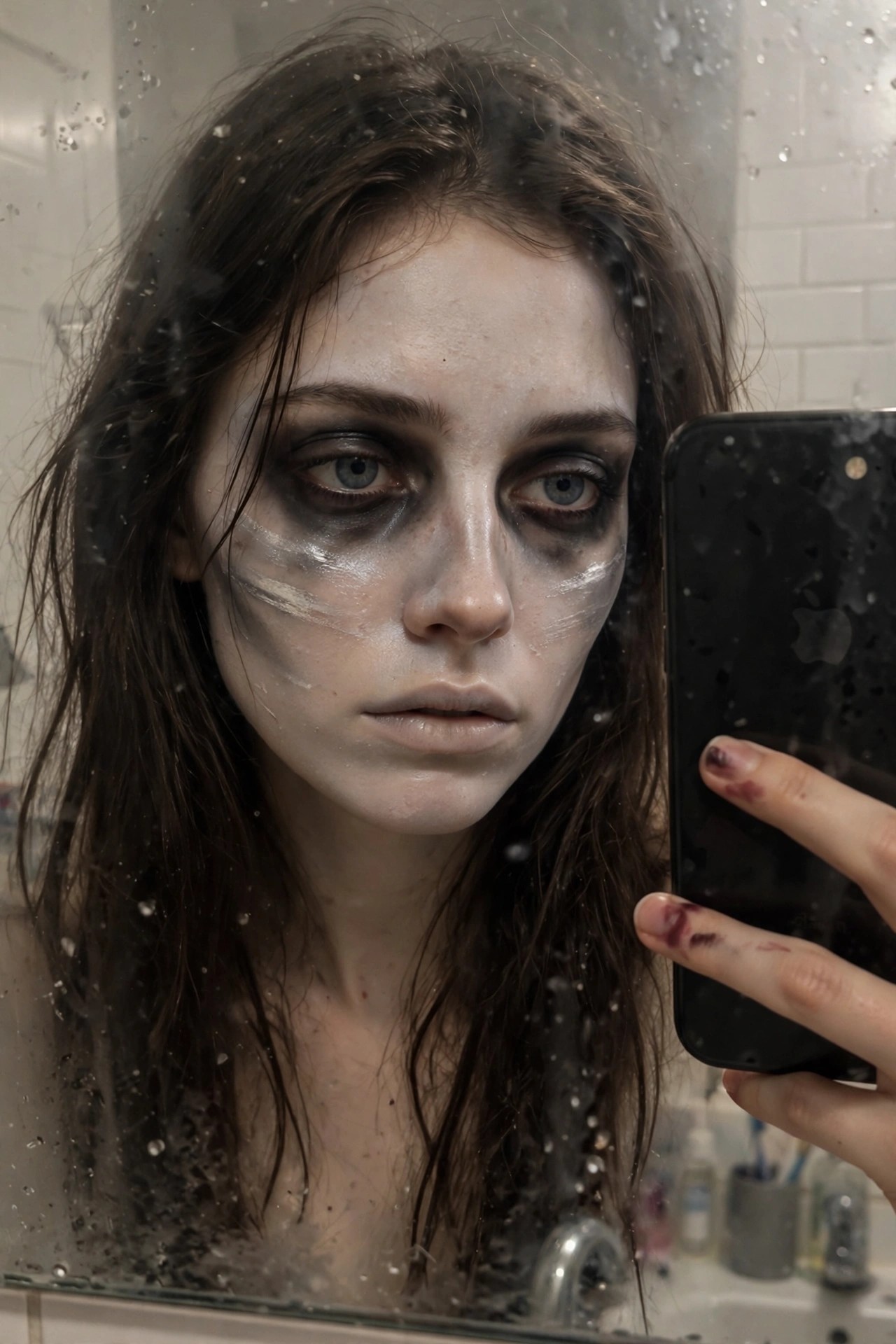 Close up of a woman with heavy black smudged eye makeup, pale skin, and white streaks on her cheeks, holding a phone in a bathroom mirror.