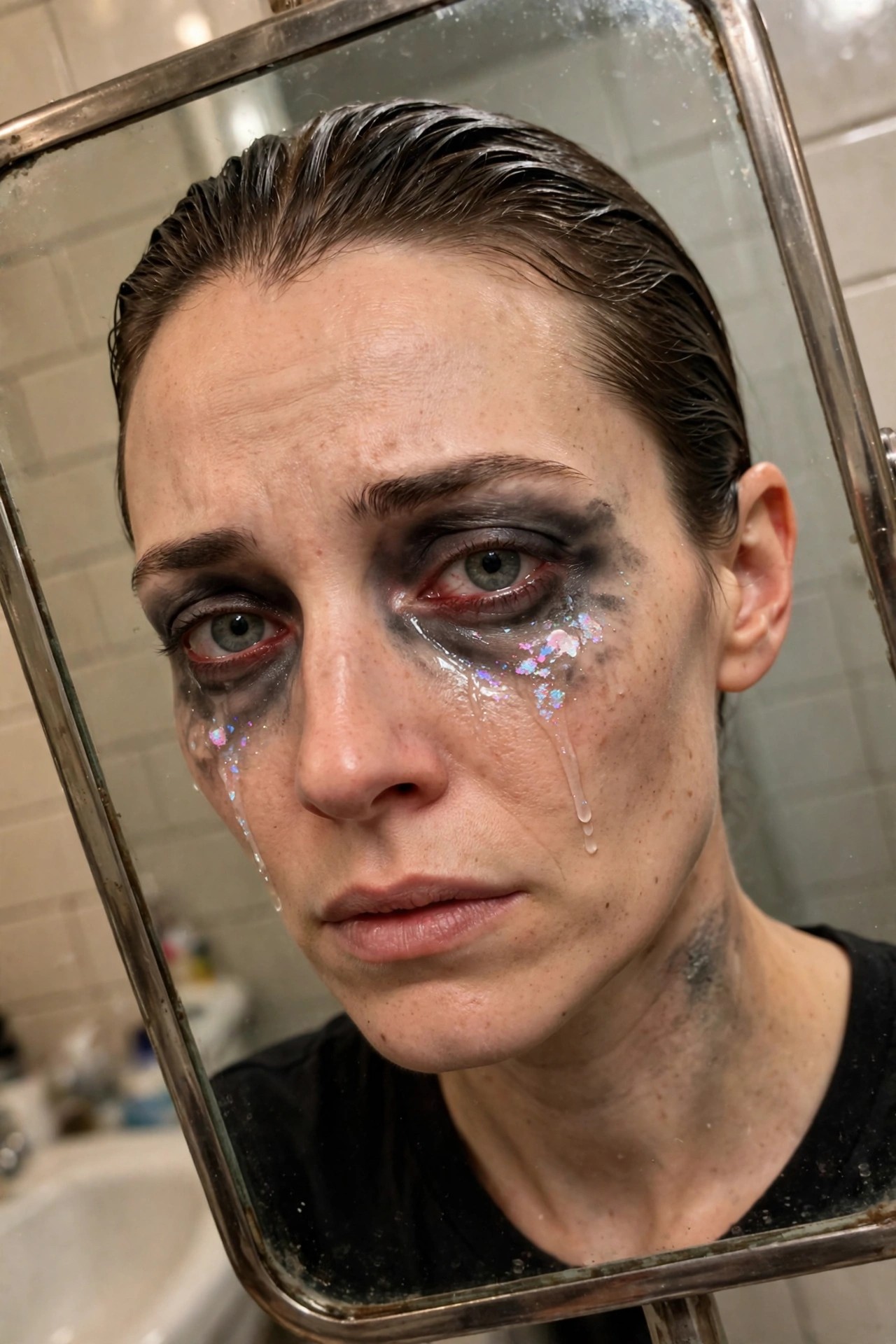 Close-up of a woman with heavily smudged black eye makeup, red irritated eyes, and iridescent glitter streaks running down one cheek like tears.