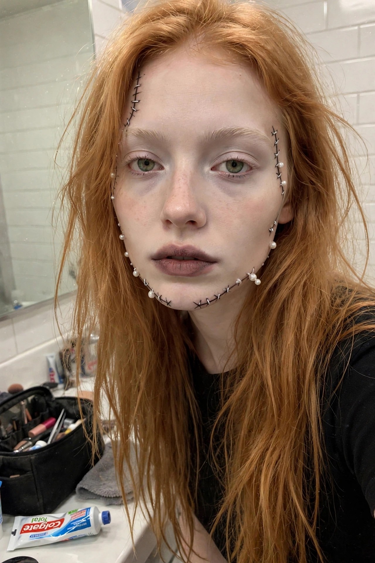 Close up of redhead with pale base makeup and black stitched suture lines running along the jaw, cheek, and temple, accented with small white pearls.