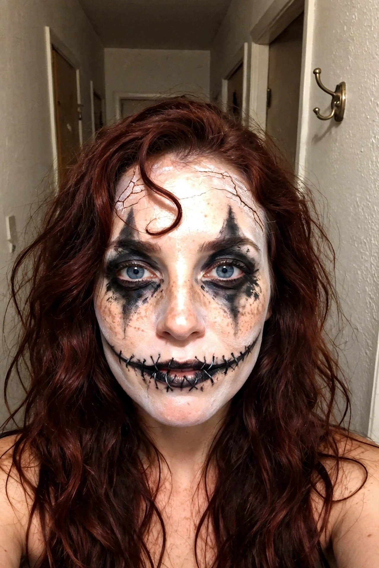 Close up of a woman with white face paint covered in black cracks, black triangular shapes above the brows, heavy black eye makeup with drips, and a stitched mouth with black lips and cross stitches.