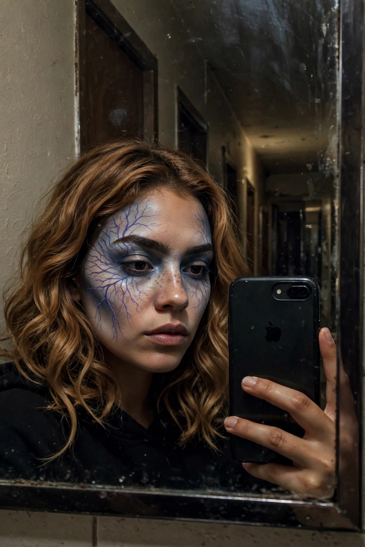 Close up of a woman holding a phone, showing blue branching vein patterns painted across the left side of her face over a pale base.