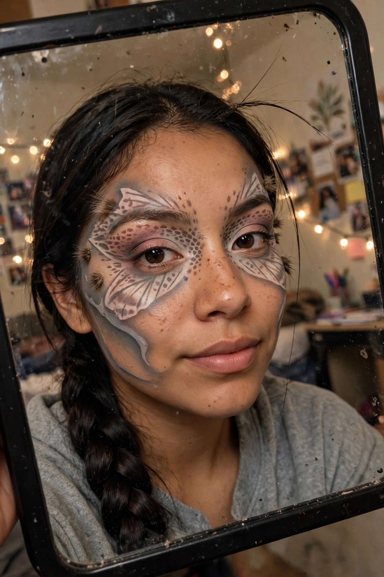 Close up of butterfly wing face paint with dotted patterns and gray shading around both eyes extending to the cheeks.