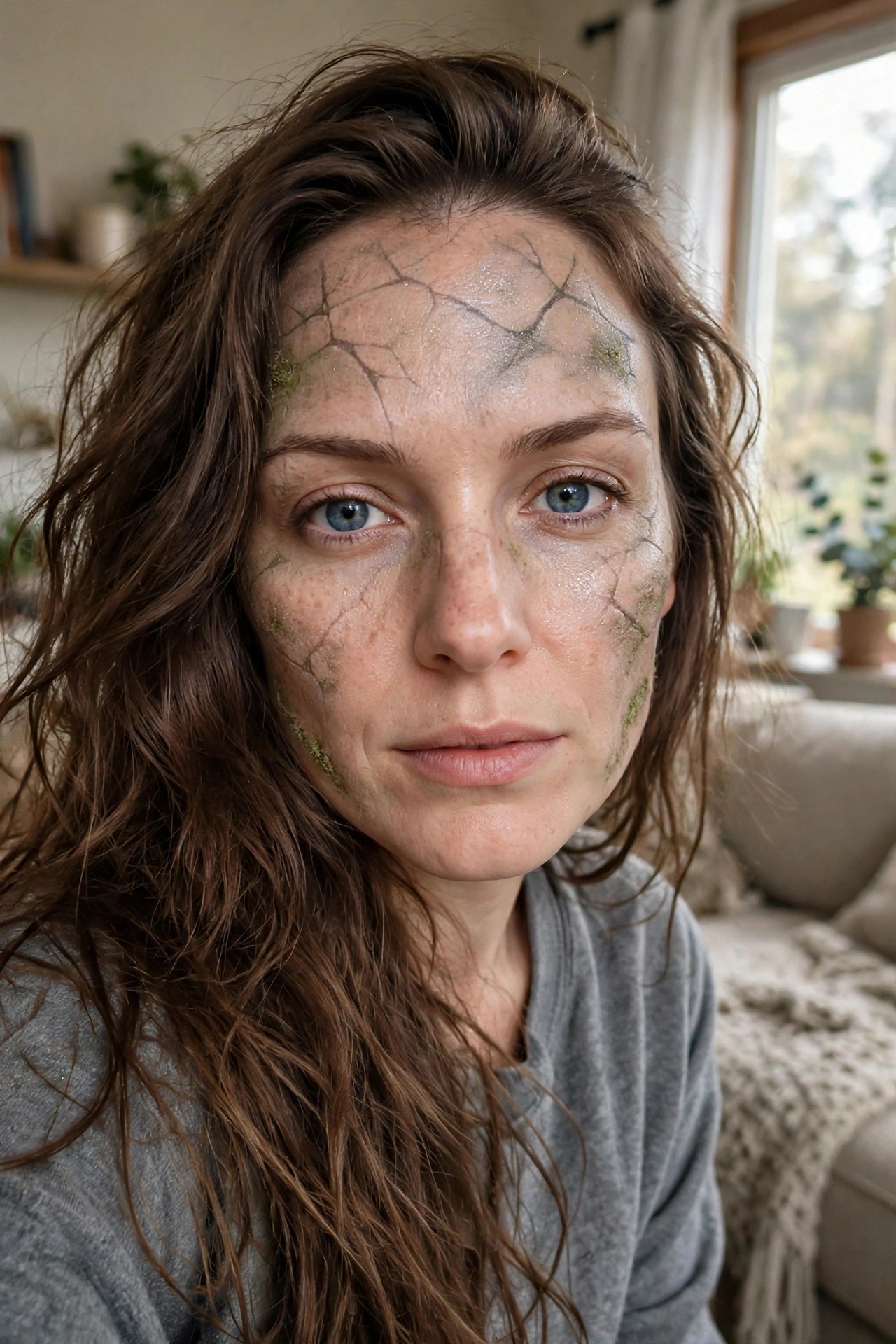 Close-up of cracked skin makeup with green moss details across forehead, cheeks, and nose on a woman with brown hair.