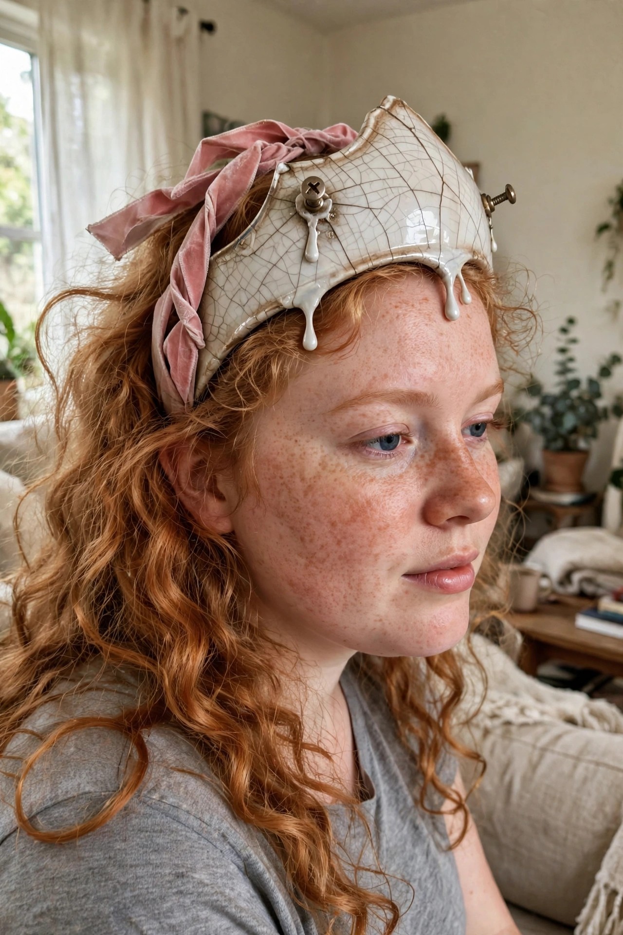 Close-up of cracked white porcelain prosthetic on forehead with screws and dripping white liquid, red curly hair visible on sides.