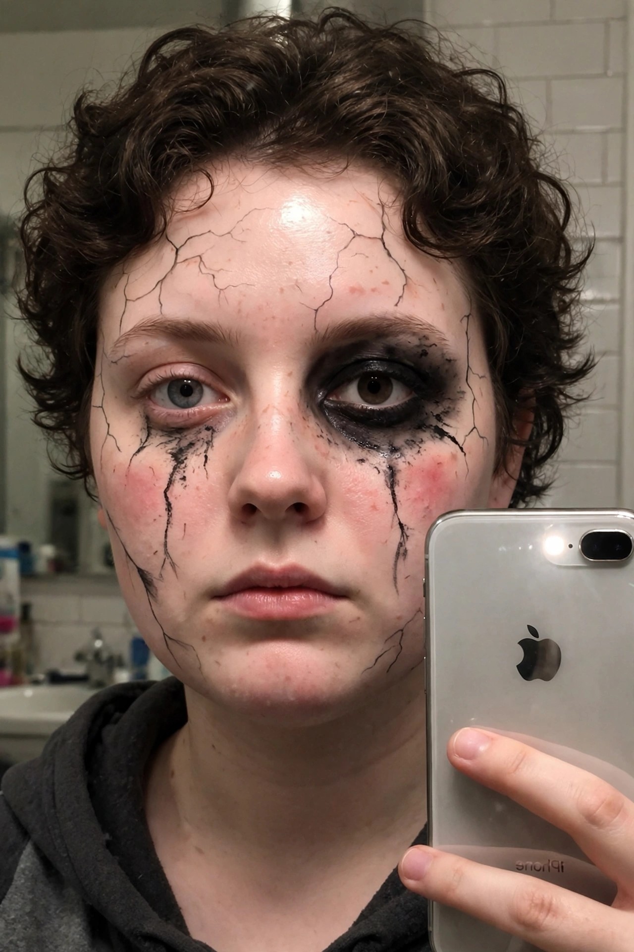 Close up of cracked porcelain monster makeup with black drips around the eyes and heavy black detailing on one eye.