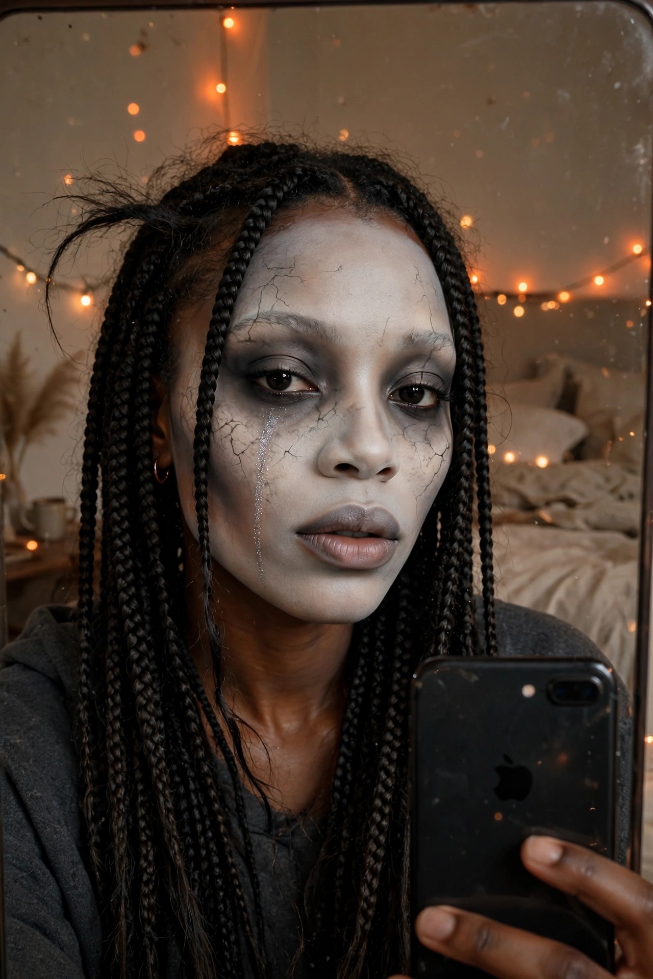 Close up of cracked gray monster makeup with black fracture lines across the face and a silver glitter tear streak on the cheek.
