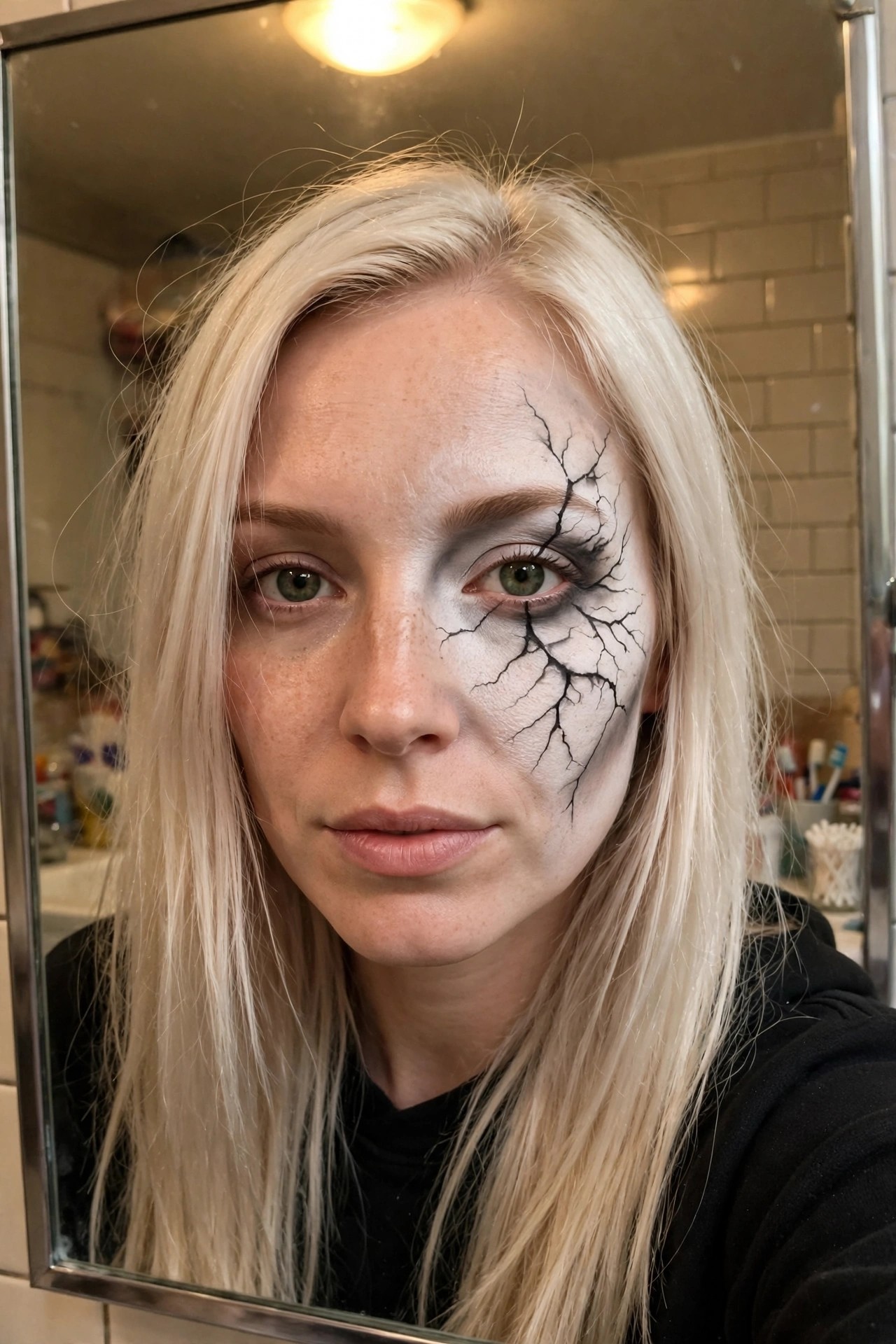 Close up of cracked porcelain monster makeup with white base and black fracture lines on the right side of the face.