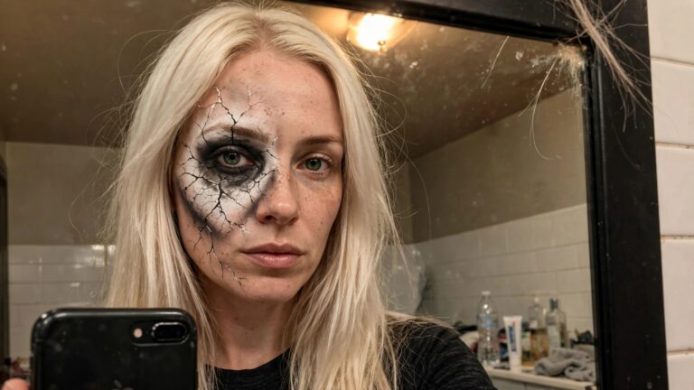 21+ Terrifying Halloween Monster Makeup Ideas That Will Haunt Your Night Close up of cracked porcelain monster makeup with white base and black fracture lines on the right side of the face.
