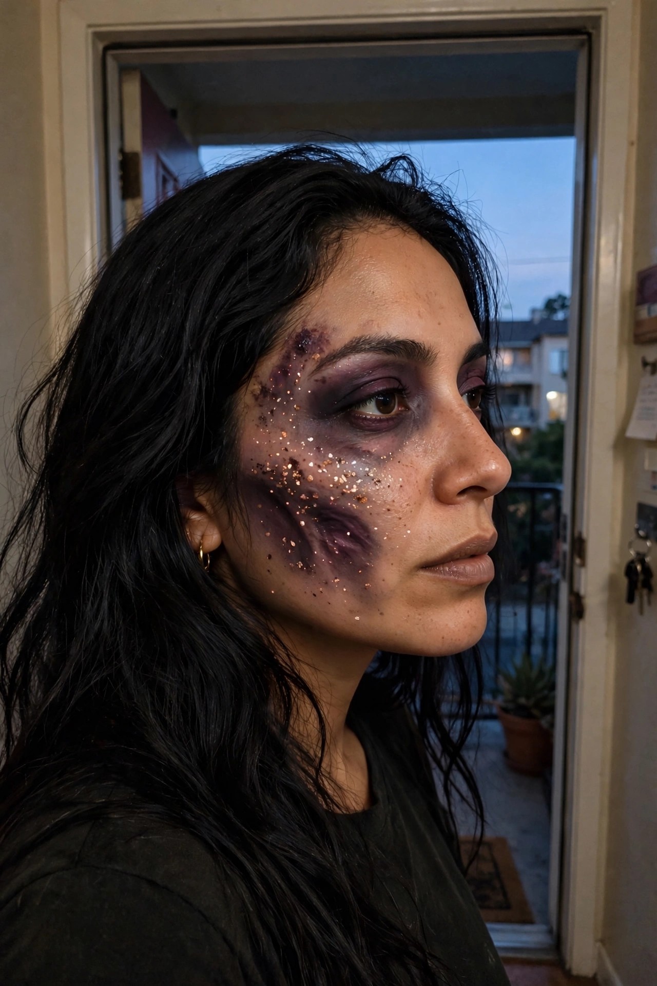 Close up of a woman wearing dark purple and black bruised monster makeup around the right eye and cheek with copper and silver glitter scattered over the textured wound areas.