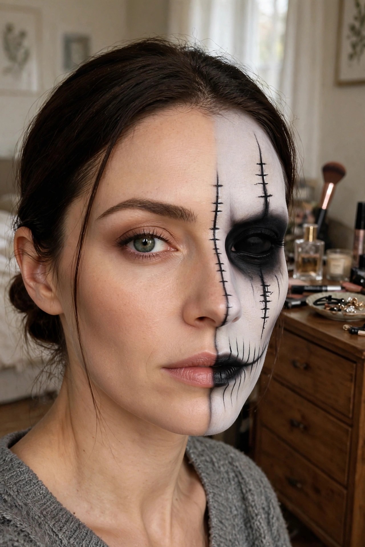 Close up of half face skeleton style makeup with white base, black eye socket, stitched lines, and black lips on one side.