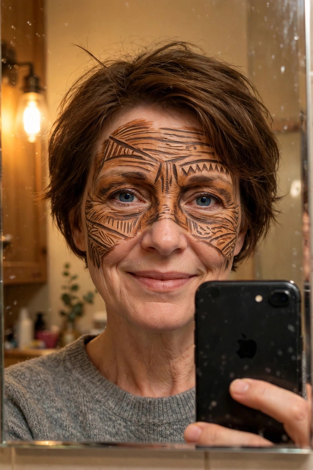 Close-up mirror selfie of a woman with short brown hair wearing brown and black tribal-style monster face paint with geometric lines across the forehead and cheeks.