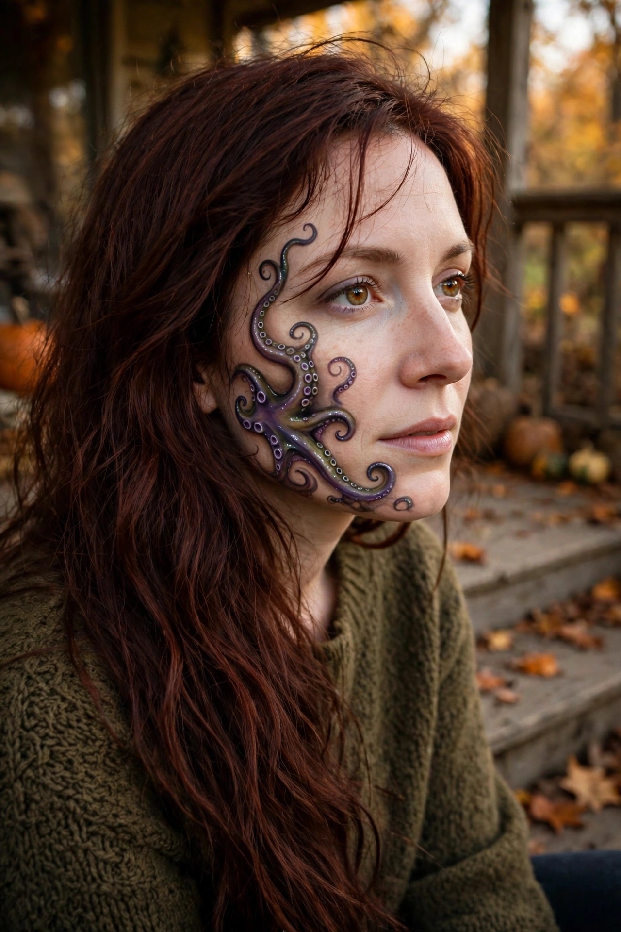 Close up of octopus tentacle monster makeup in purple and green with white suckers covering the left side of a woman's face from jaw to cheek.