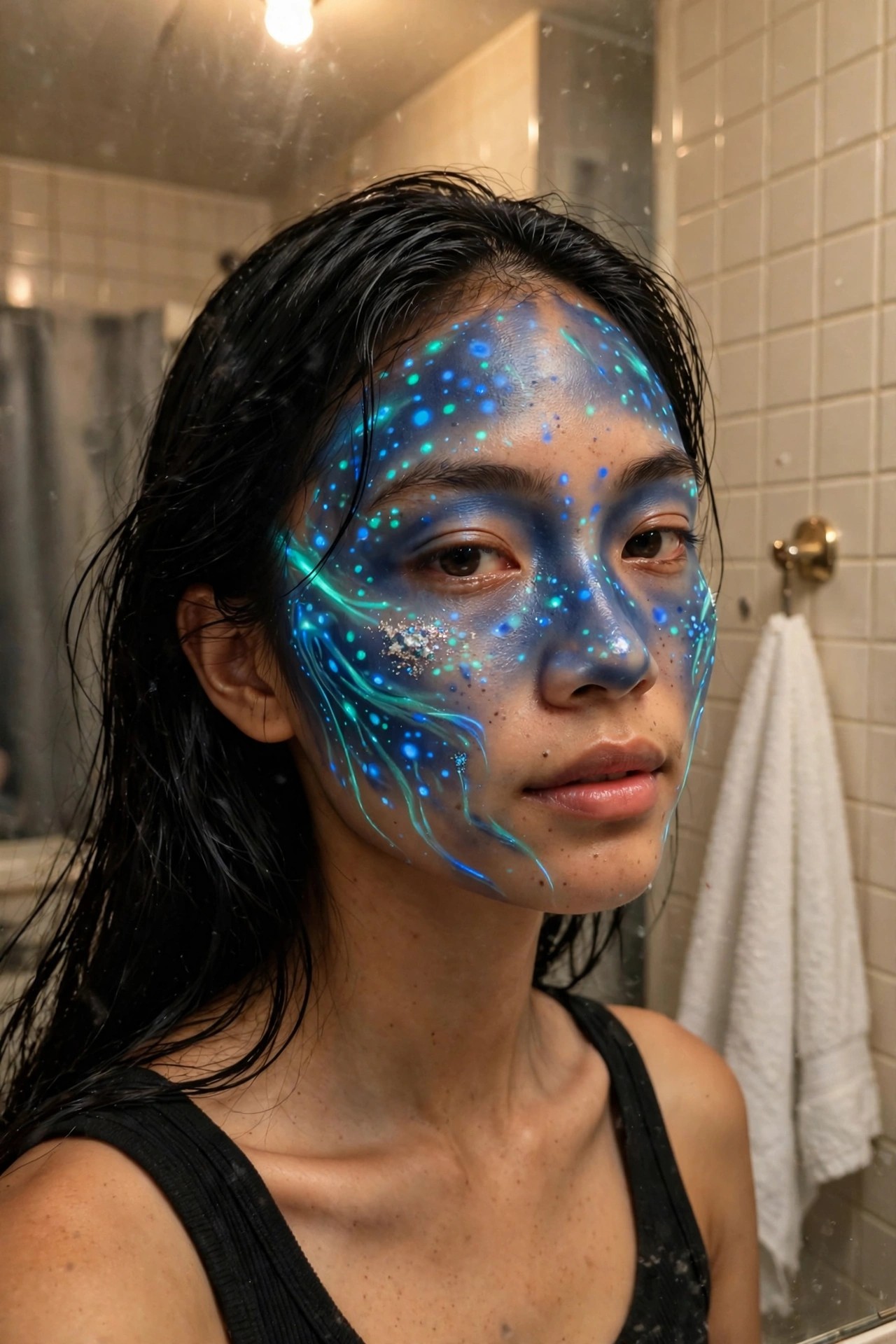 Close-up of a woman with blue and green galaxy-style face paint featuring scattered blue dots and glowing teal swirls across the forehead, cheek, and jaw.