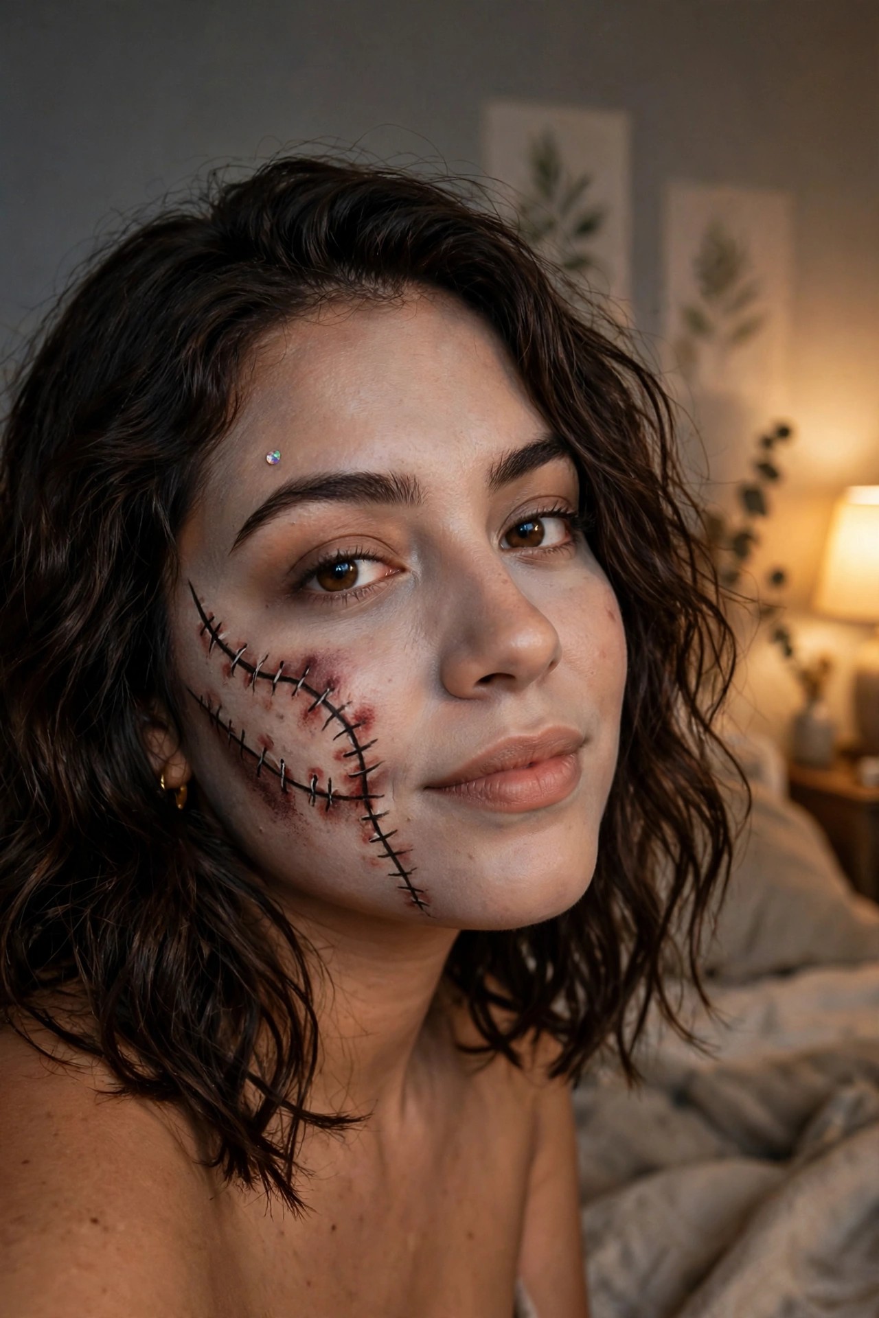 Close-up of stitched monster makeup with black thread lines and red shading along the left cheek and jaw.