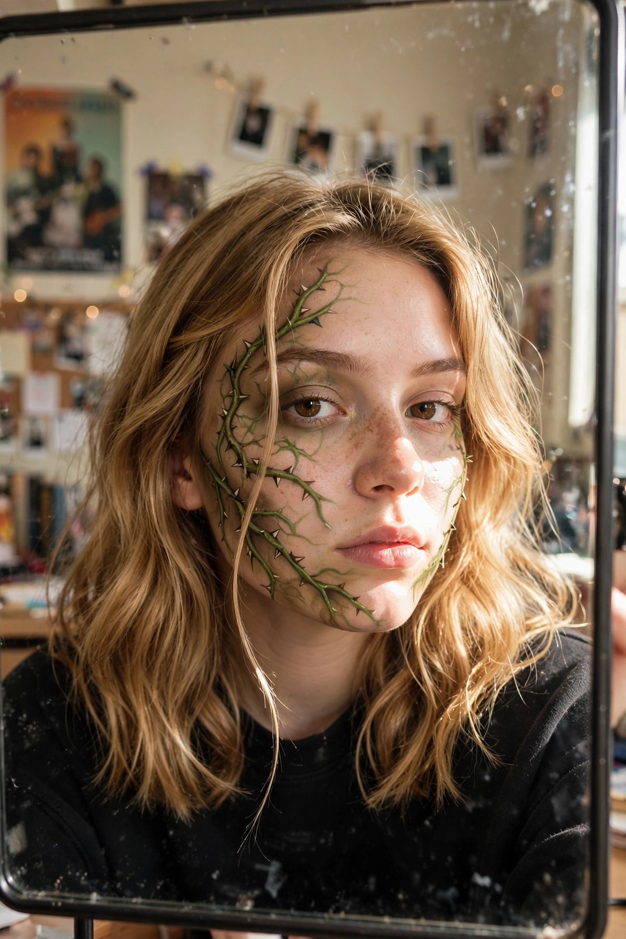 Close up of a woman with green thorny vine face paint wrapping around the left side of her face, forehead to jaw.