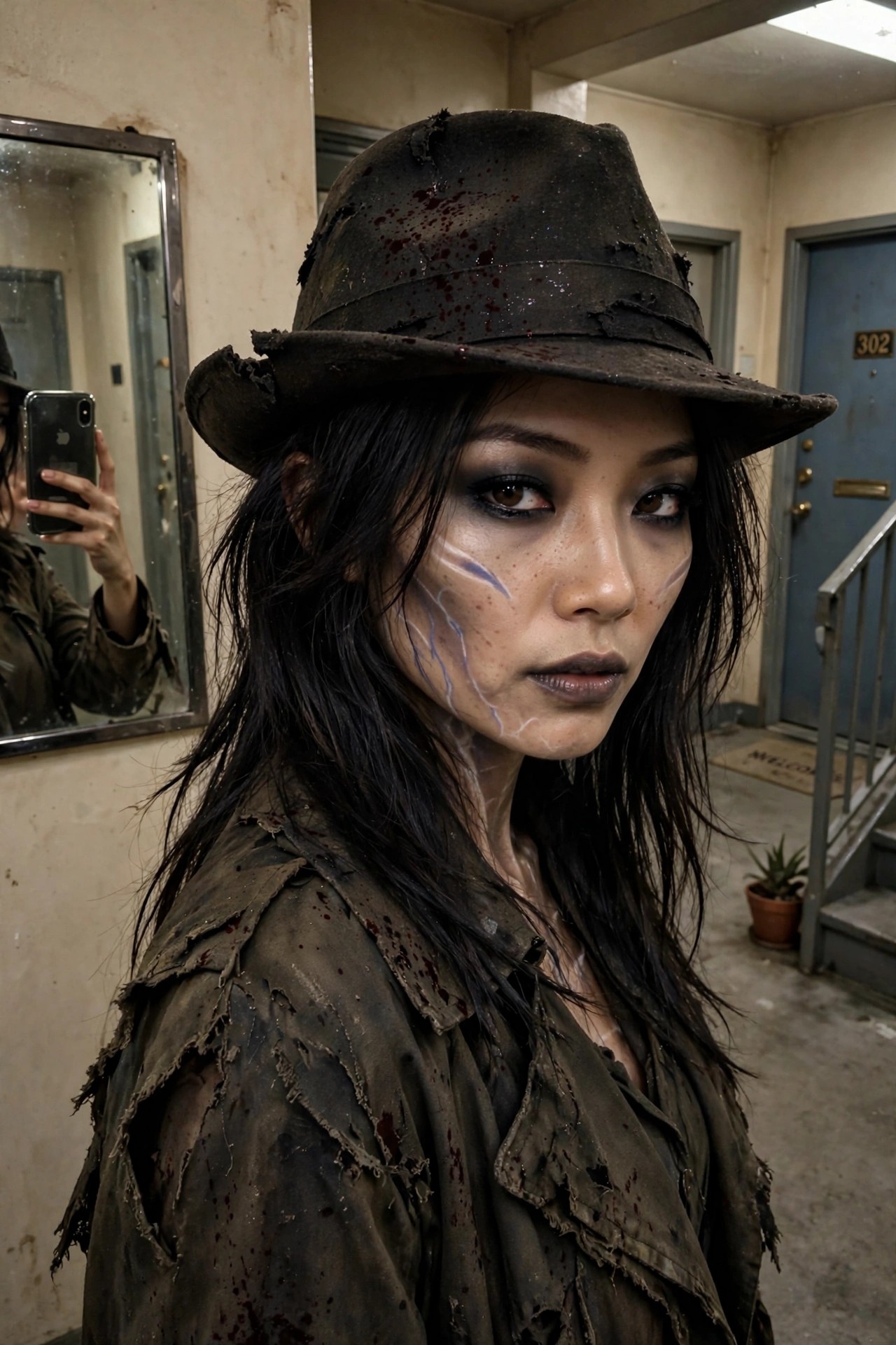 Woman wearing a torn blood stained jacket and damaged fedora with zombie makeup including pale skin and blue vein details on her face and neck.