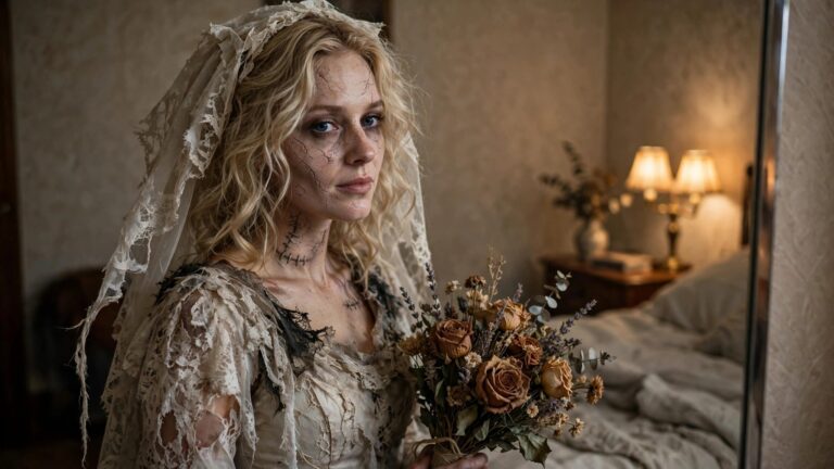 21 Terrifyingly Cool Zombie Halloween Costumes for Women Woman wearing a torn white wedding dress and veil with visible stitches on her face and neck while holding a bouquet of dried roses as part of a zombie bride Halloween costume.