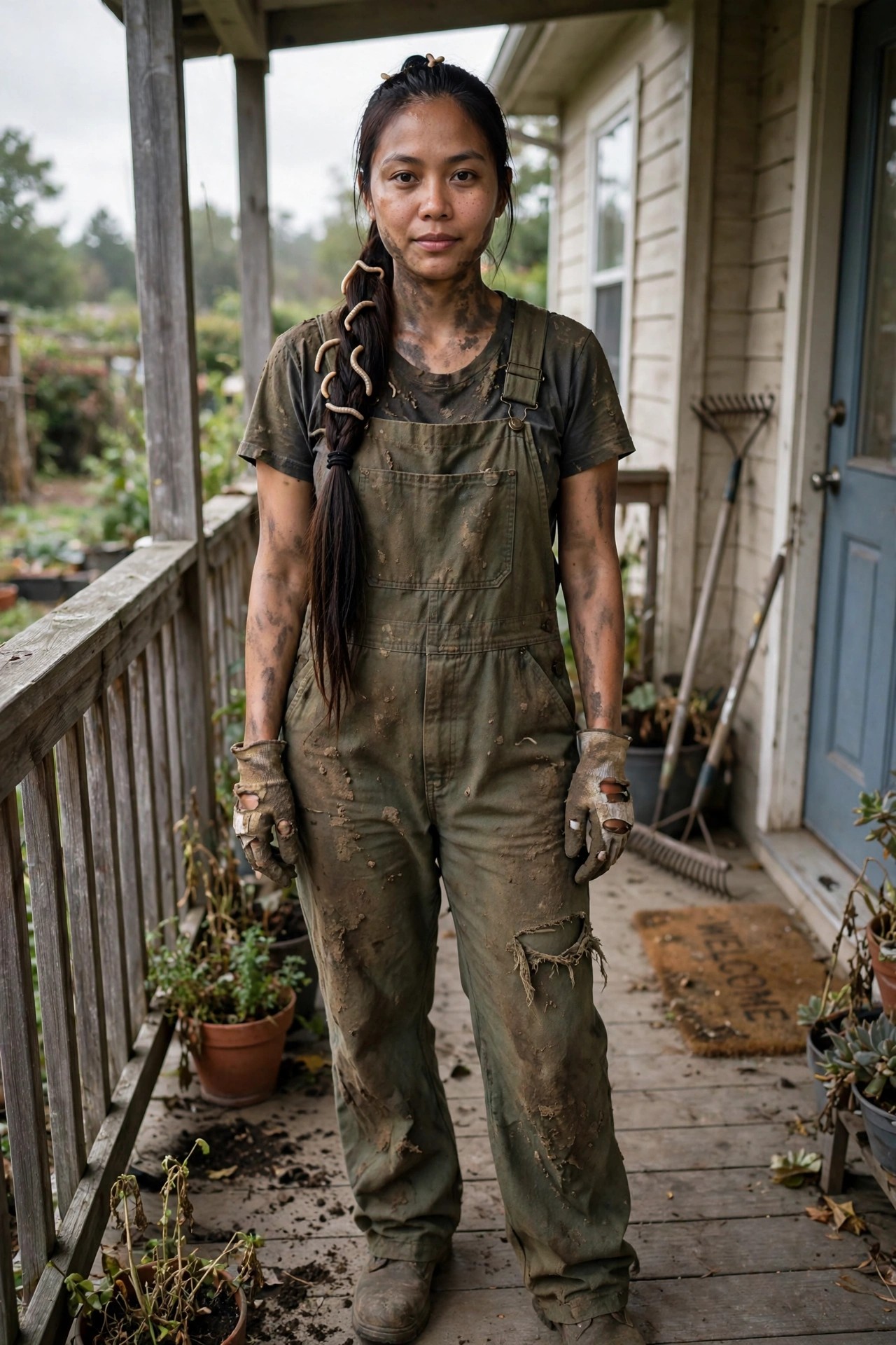 Woman in muddy torn green overalls and t-shirt with dirt on her skin and worms braided into her ponytail, standing on a wooden porch.