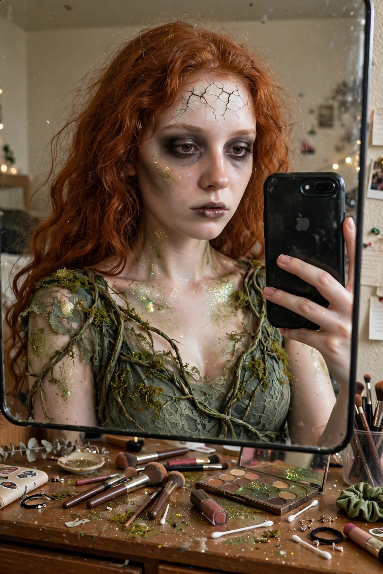 Woman in green lace top covered with moss and vines taking a mirror selfie with cracked forehead makeup and dark eye makeup for a zombie costume.